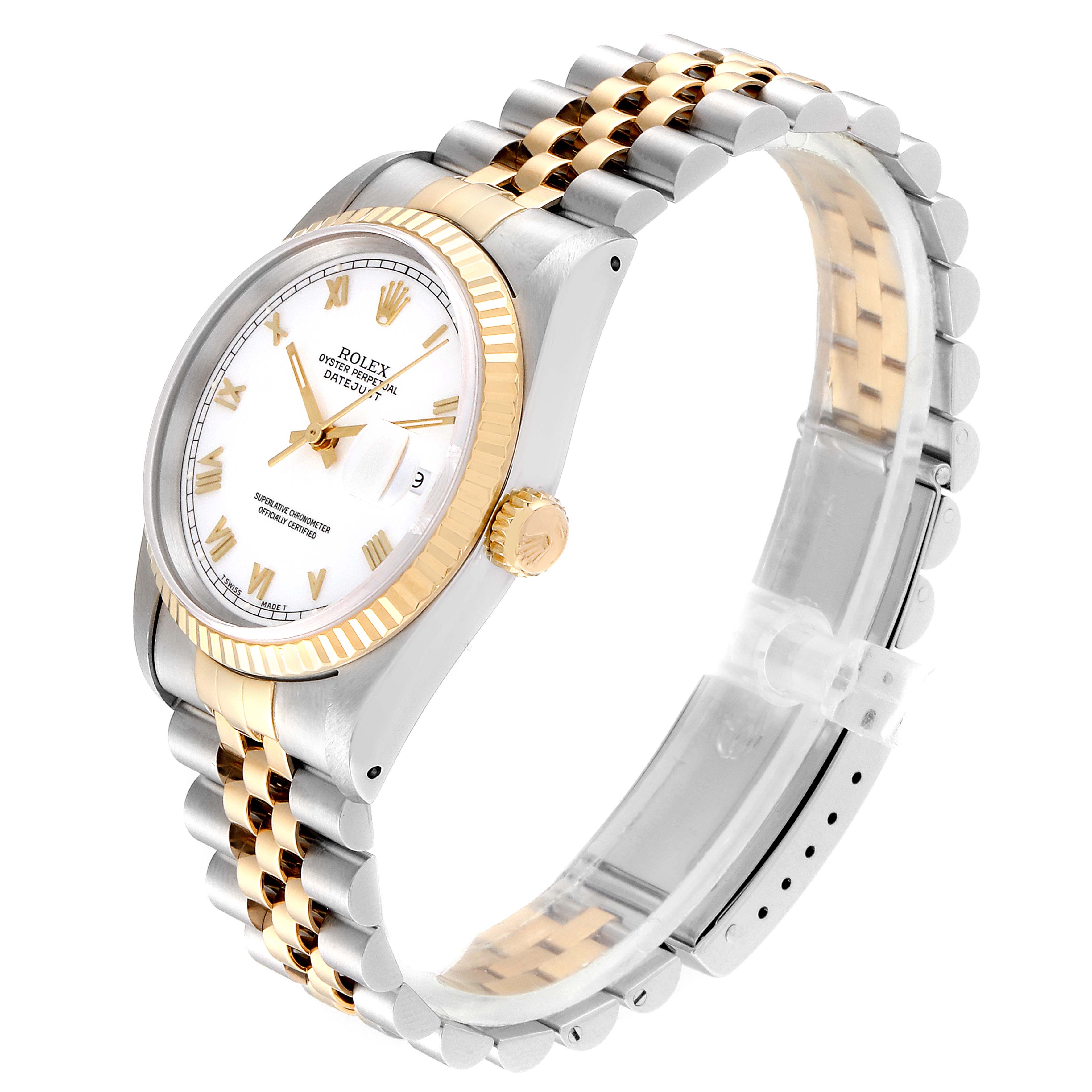 The image showcases a Rolex Datejust 16233 Men's Steel and Gold (two tone) White Dial 16233 Men's Steel and Gold (two tone) White Dial watch from an oblique angle, highlighting its dial, bezel, crown, and bracelet.