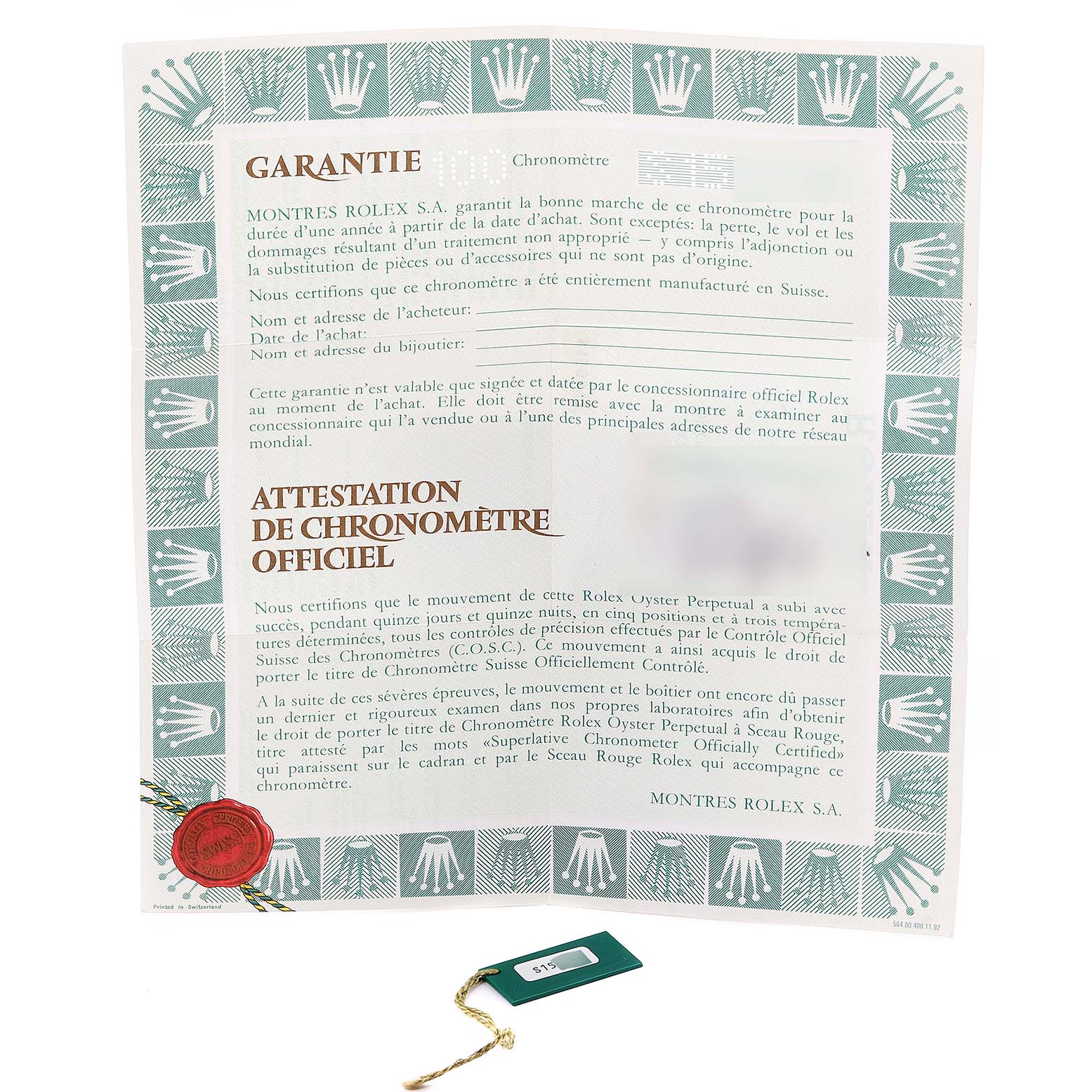 The image shows the warranty papers and an official chronometer certification for the Rolex Datejust 16233 Men's Steel and Gold (two tone) White Dial 16233 Men's Steel and Gold (two tone) White Dial watch, along with a green hangtag.