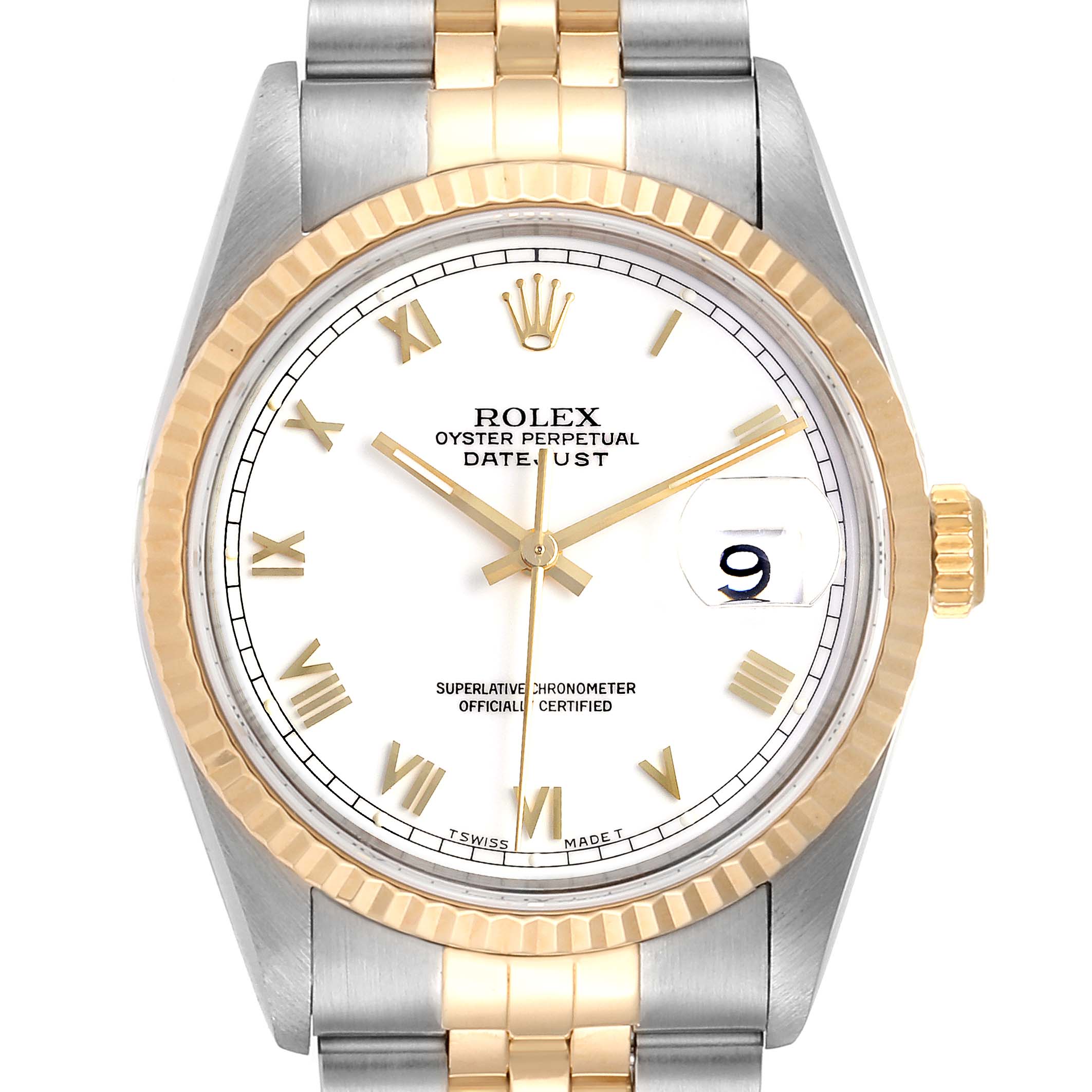 The image shows a close-up of the Rolex Datejust 16233 Men's Steel and Gold (two tone) White Dial 16233 Men's Steel and Gold (two tone) White Dial watch face, bezel, and part of the bracelet.
