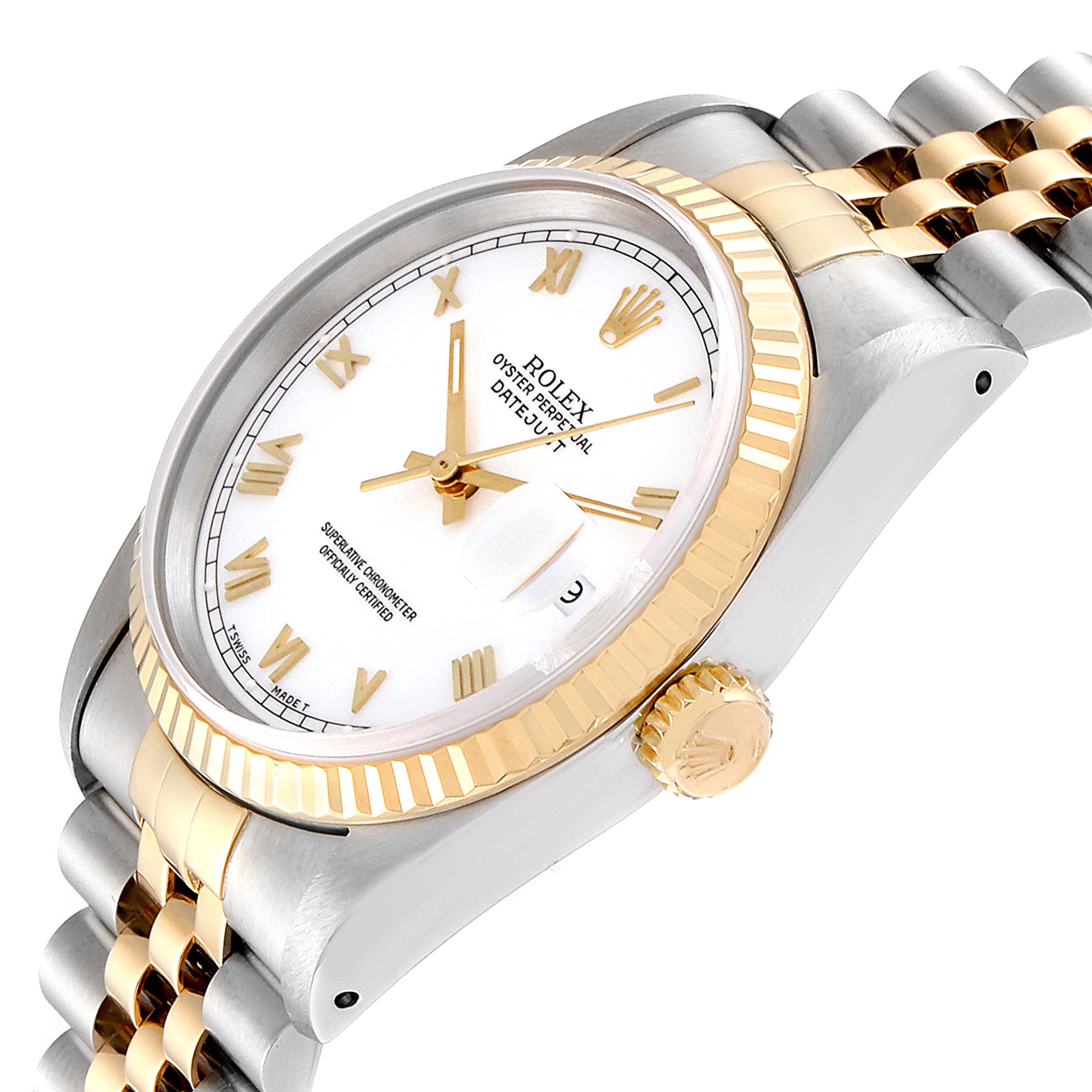 This image shows a Rolex Datejust 16233 Men's Steel and Gold (two tone) White Dial 16233 Men's Steel and Gold (two tone) White Dial watch at an angled view, highlighting the dial, bezel, crown, and part of the bracelet.