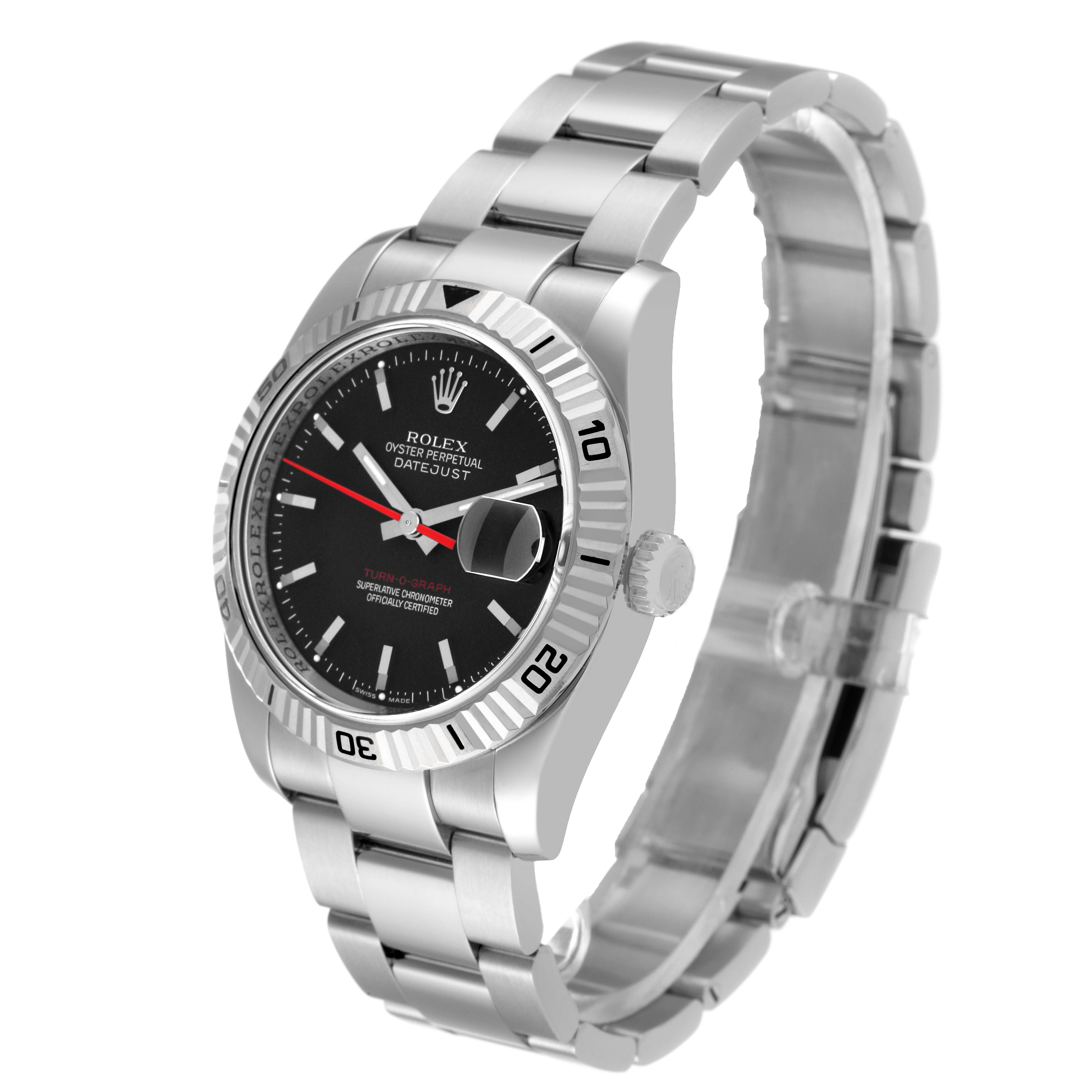 This Rolex Turn-o-Graph 116264 Men's Stainless Steel Black Dial 116264 Men's Stainless Steel Black Dial watch is shown at a three-quarter angle, displaying its face, bezel, bracelet, and crown.