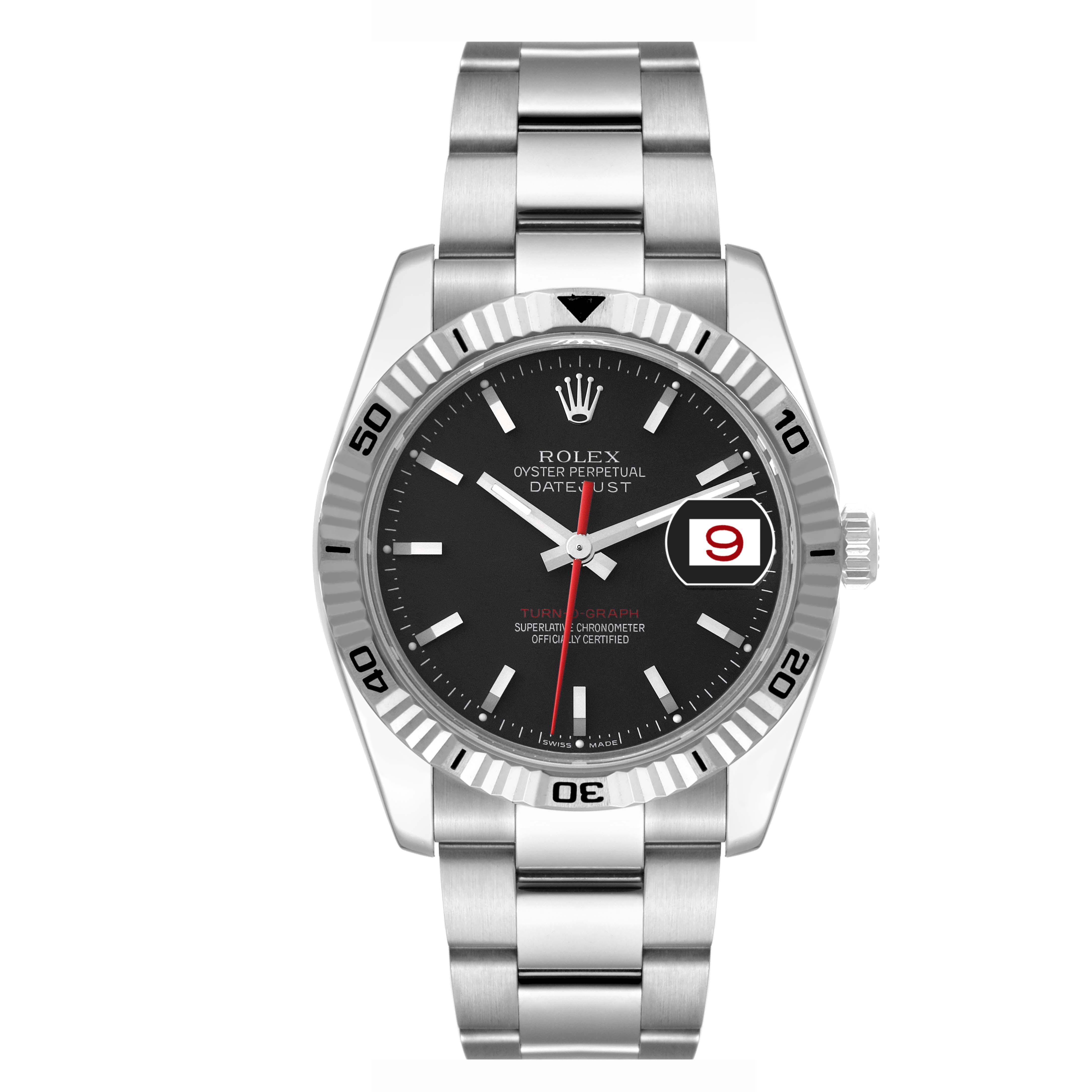 The image shows a front view of the Rolex Turn-o-Graph 116264 Men's Stainless Steel Black Dial 116264 Men's Stainless Steel Black Dial, displaying its dial, bezel, and bracelet.