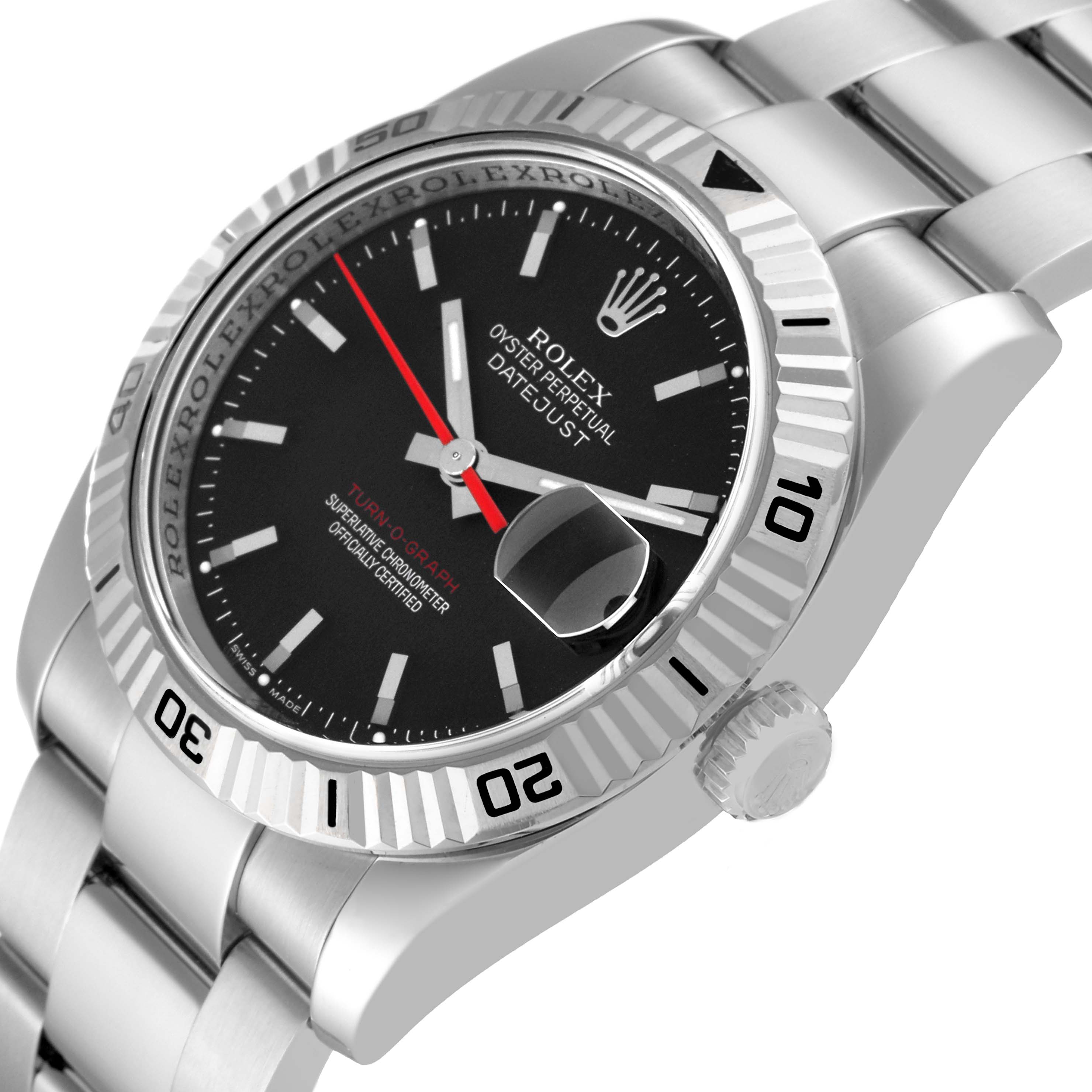 The image shows a side angle view of a Rolex Turn-o-Graph 116264 Men's Stainless Steel Black Dial 116264 Men's Stainless Steel Black Dial watch, highlighting the bezel, crown, and part of the bracelet.