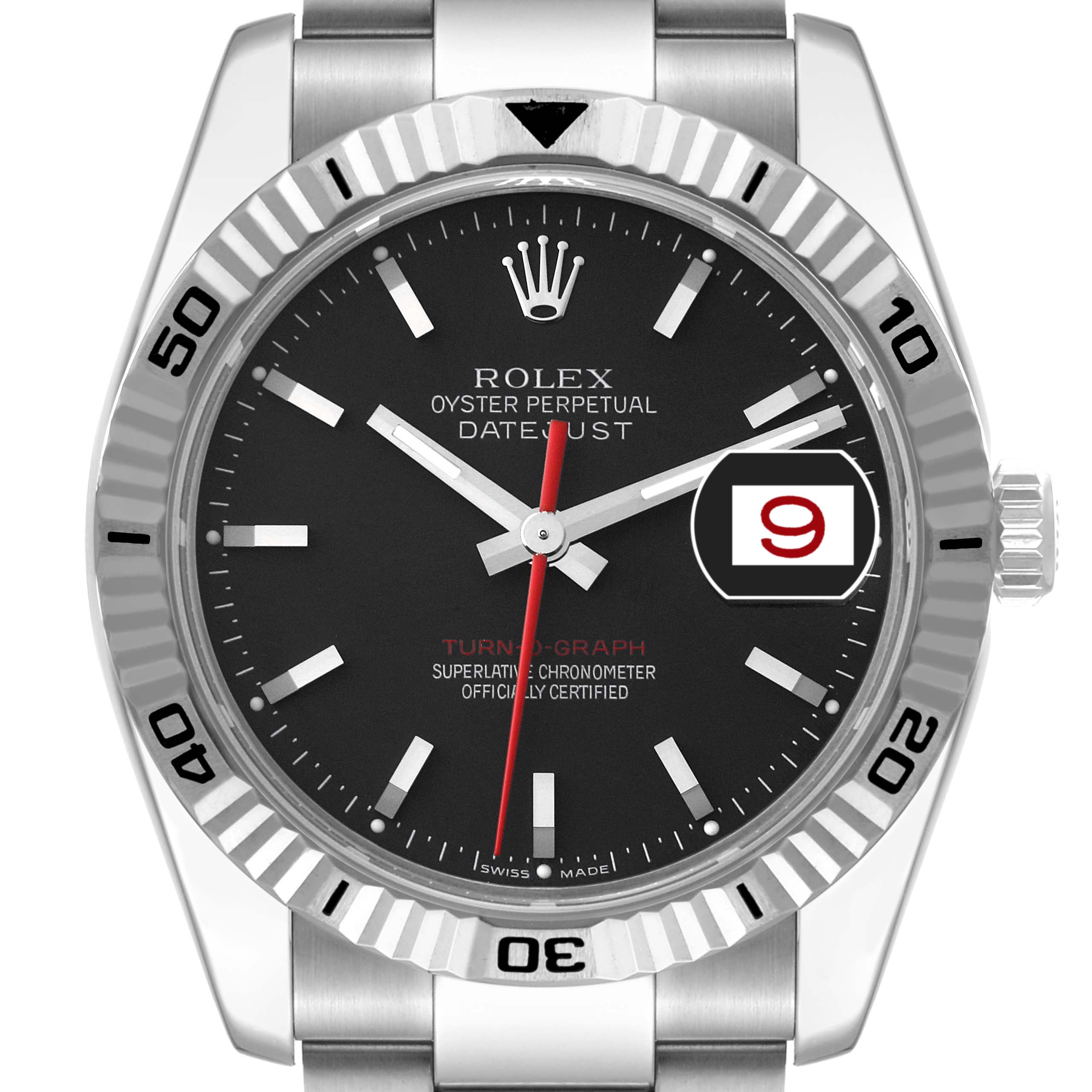 The image shows a front view of the Rolex Turn-o-Graph 116264 Men's Stainless Steel Black Dial 116264 Men's Stainless Steel Black Dial watch, highlighting its dial, hands, bezel, and bracelet.