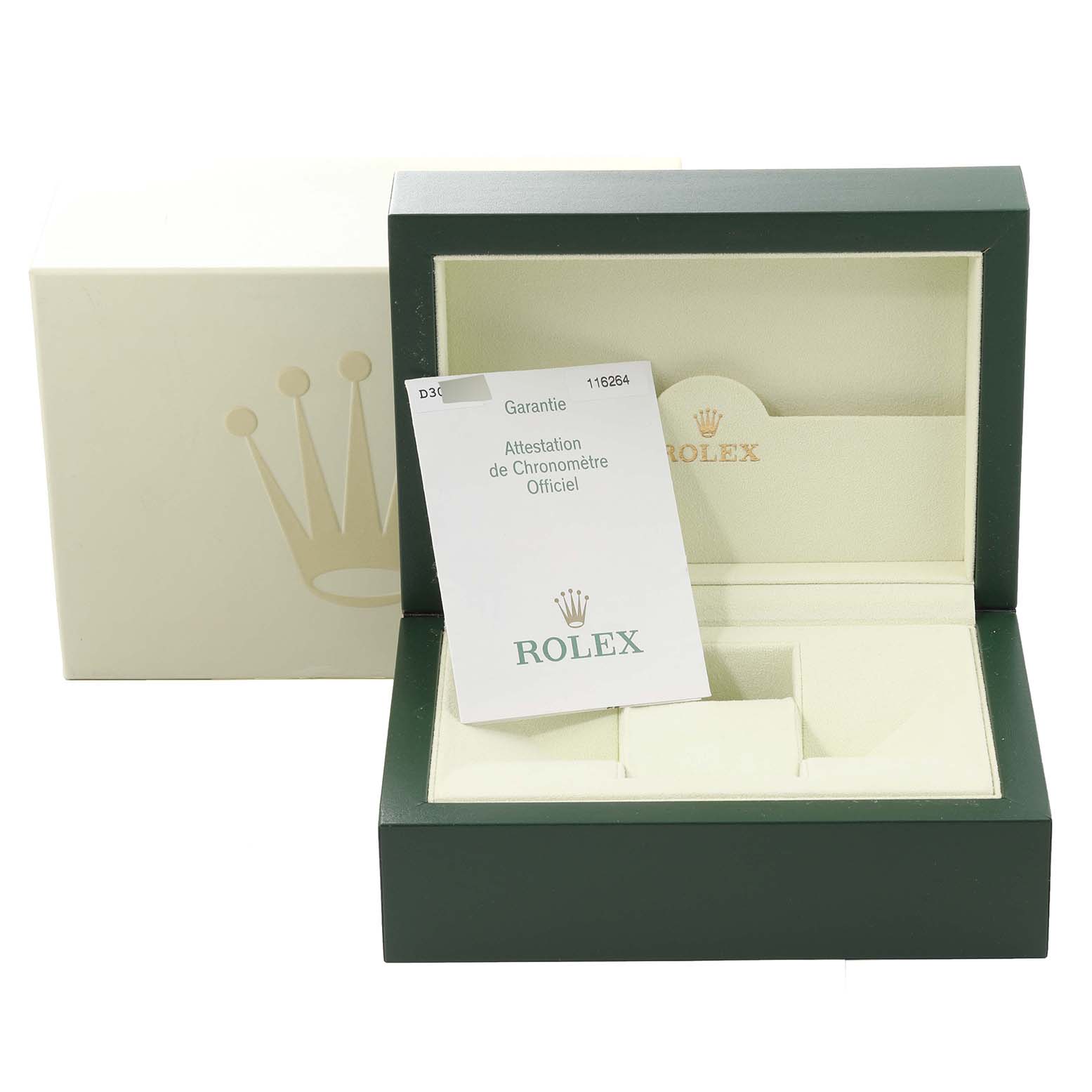 The image shows an open Rolex Turn-o-Graph 116264 Men's Stainless Steel Black Dial 116264 Men's Stainless Steel Black Dial watch box and a certificate card inside.