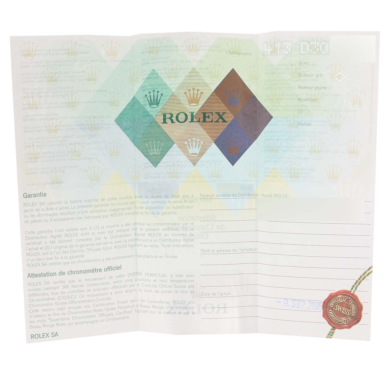 This image shows the warranty certificate for a Rolex Turn-o-Graph 116264 Men's Stainless Steel Black Dial 116264 Men's Stainless Steel Black Dial watch, displaying branding and necessary purchase information details.