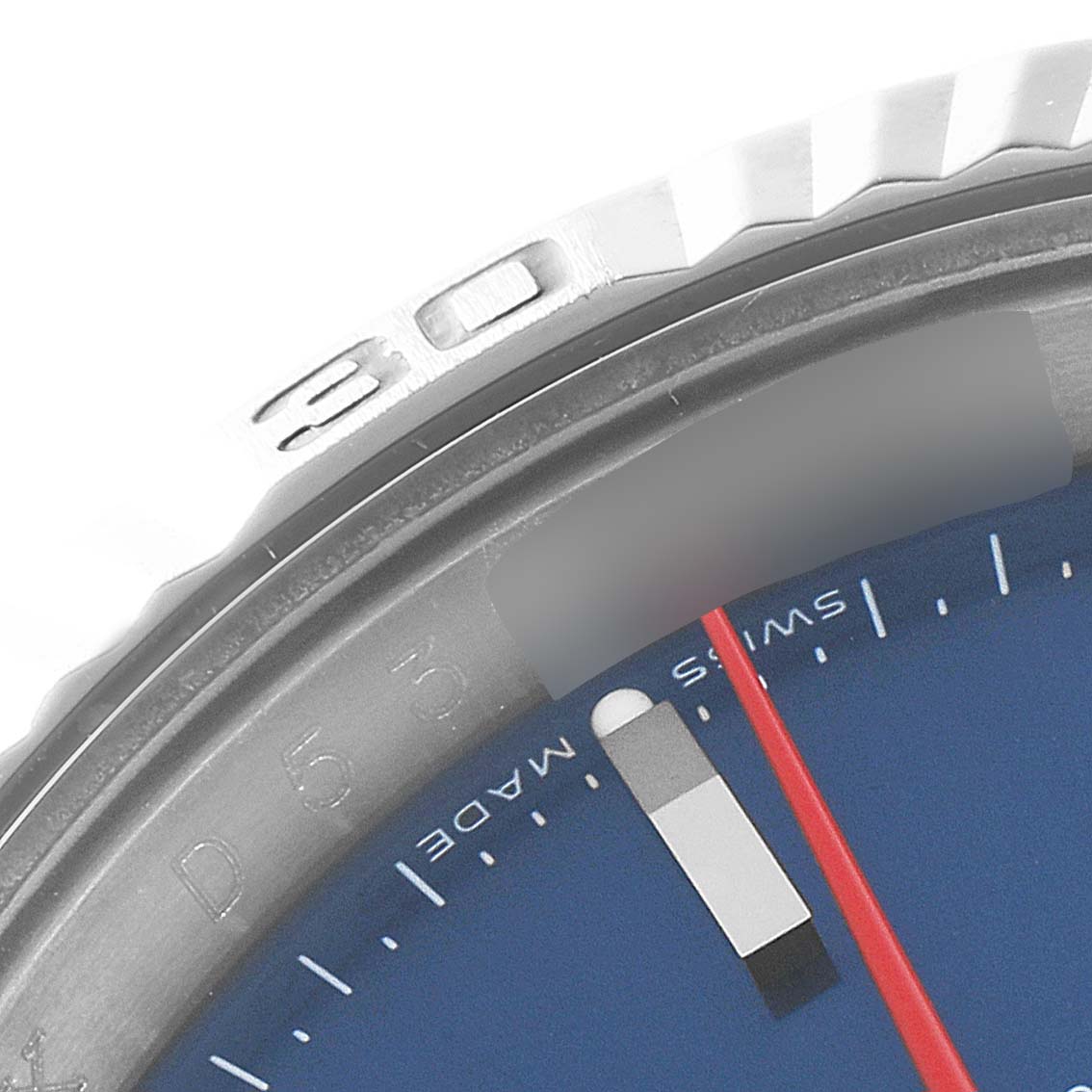 This close-up angle shows the bezel and part of the dial of the Rolex Turn-o-Graph 116264 Men
s Stainless Steel Blue Dial 116264 Men
s Stainless Steel Blue Dial watch.