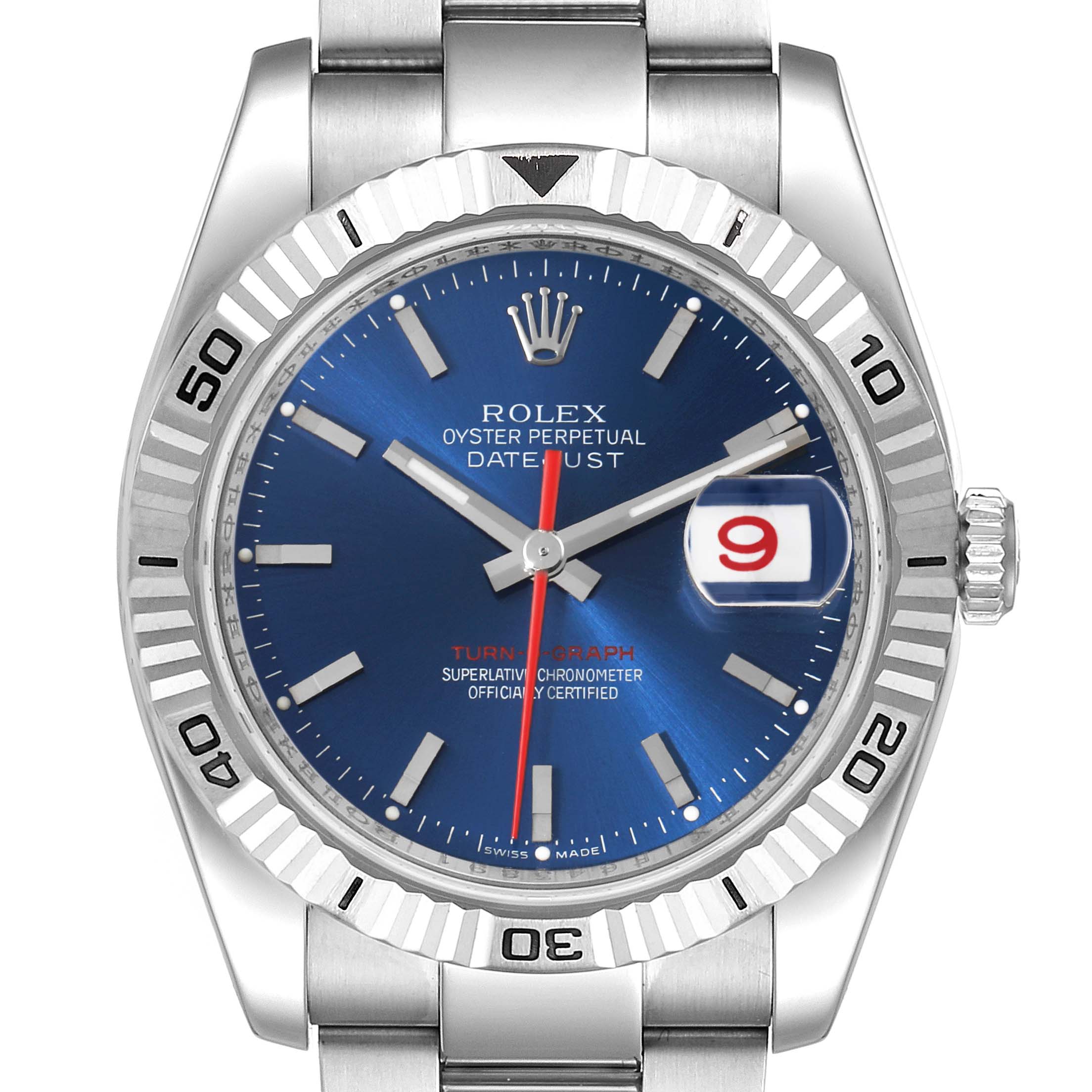This image shows a front view of a Rolex Turn-o-Graph 116264 Men
s Stainless Steel Blue Dial 116264 Men
s Stainless Steel Blue Dial watch, highlighting its blue dial, date window, and rotating bezel.