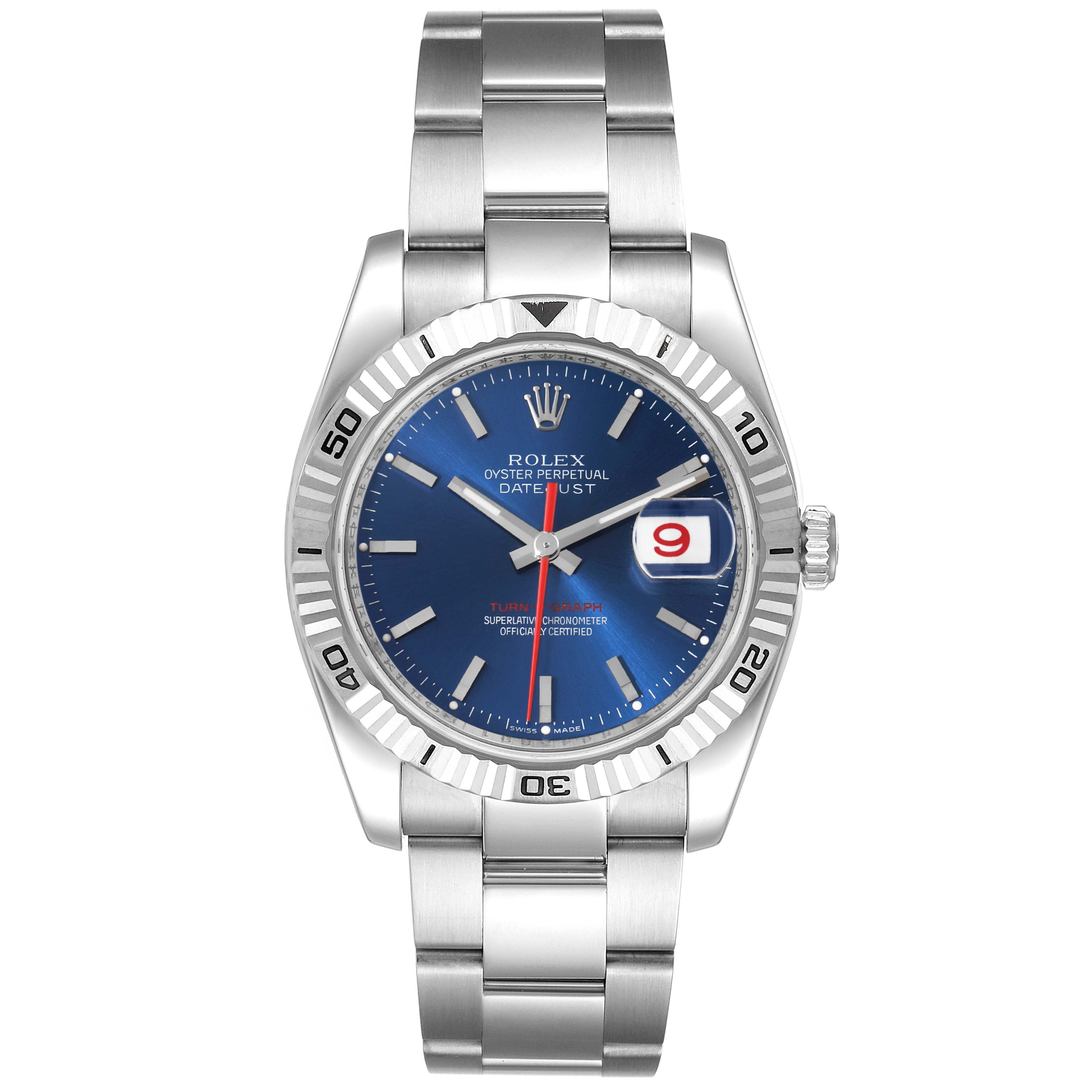 This image shows a front view of the Rolex Turn-o-Graph 116264 Men
s Stainless Steel Blue Dial 116264 Men
s Stainless Steel Blue Dial, highlighting its blue dial, fluted bezel, and stainless steel bracelet.