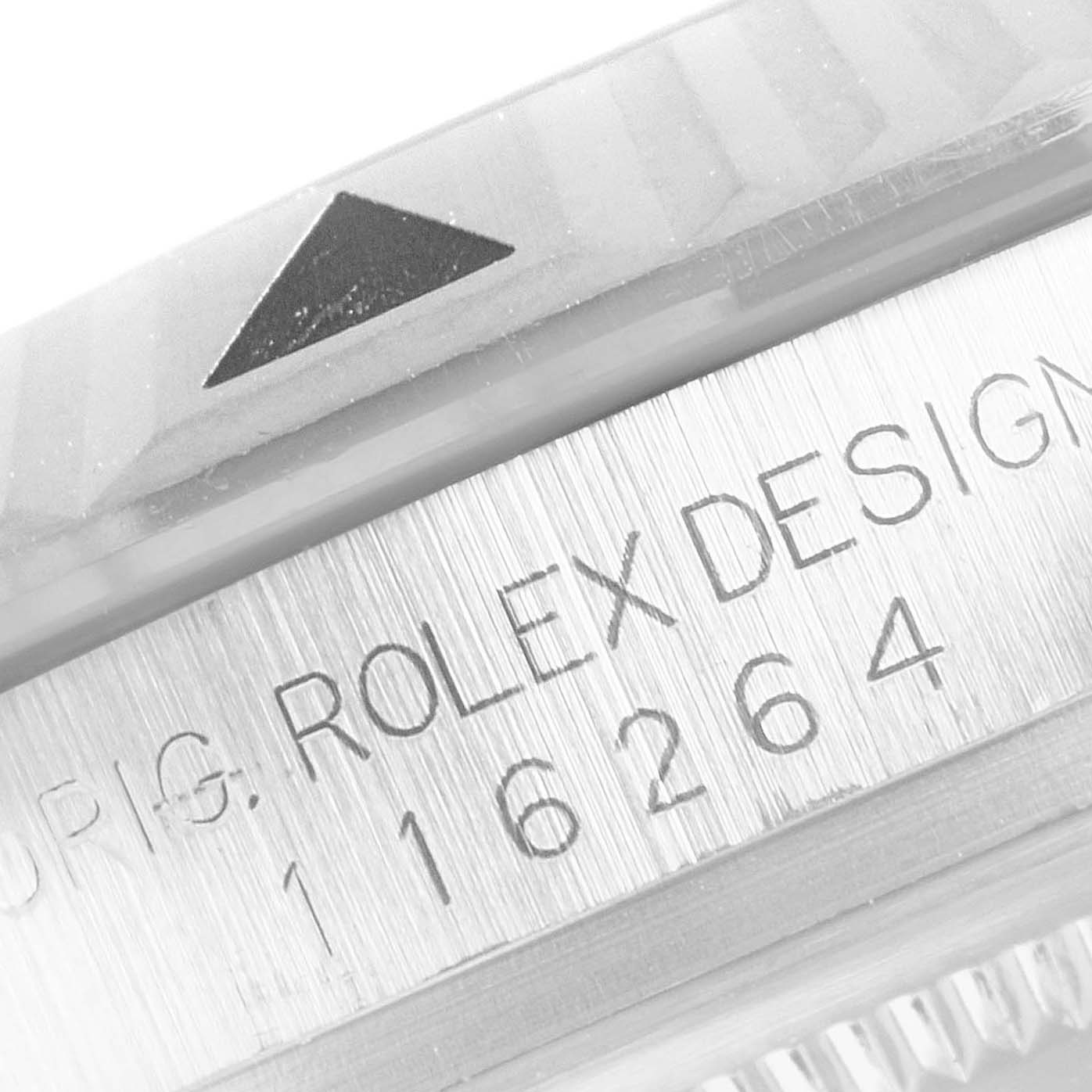 This image shows a close-up of the bezel and the engraved model number of the Rolex Turn-o-Graph 116264 Men
s Stainless Steel Blue Dial 116264 Men
s Stainless Steel Blue Dial watch.