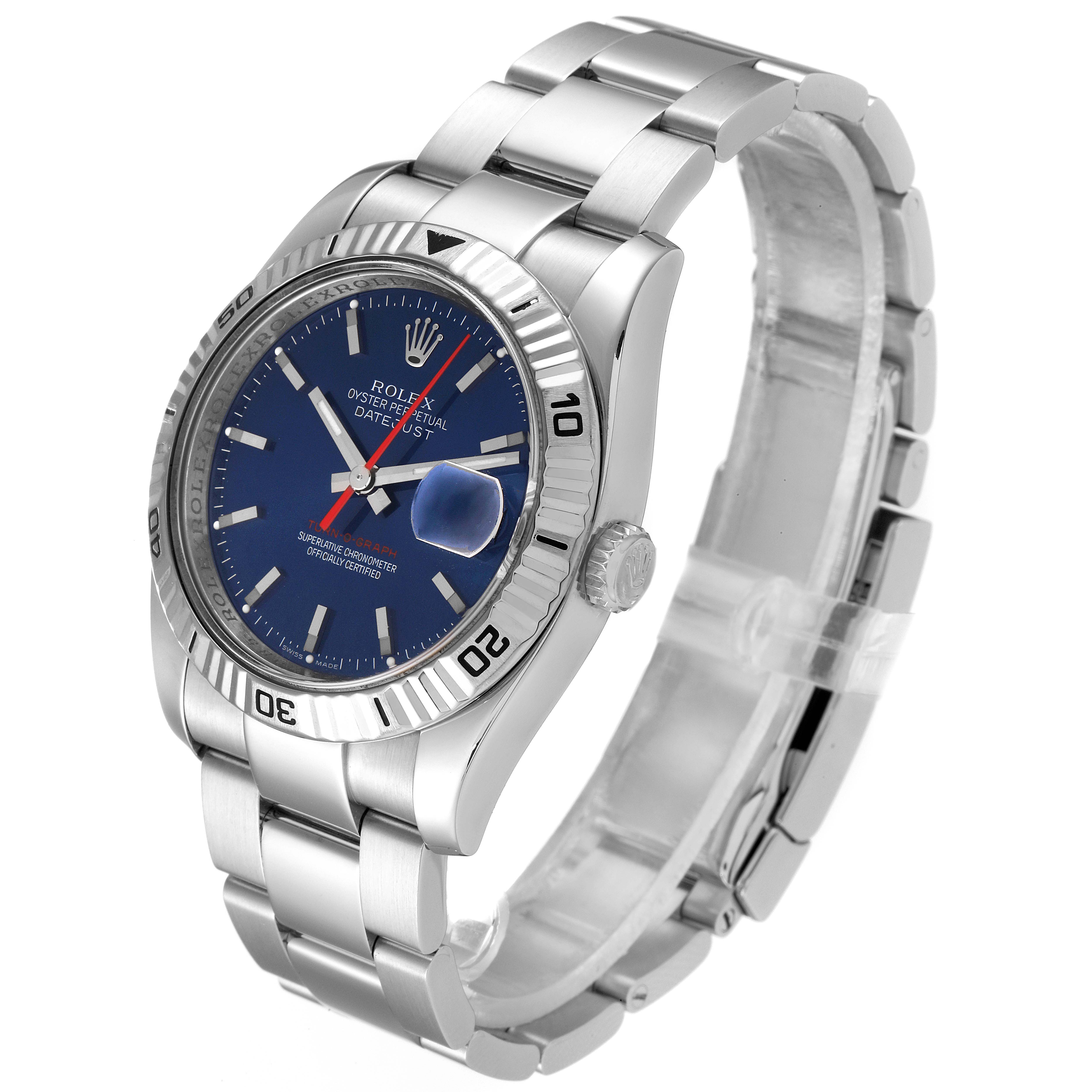 This image shows a right-side angle of the Rolex Turn-o-Graph 116264 Men
s Stainless Steel Blue Dial 116264 Men
s Stainless Steel Blue Dial watch, displaying its bracelet, crown, and dial.