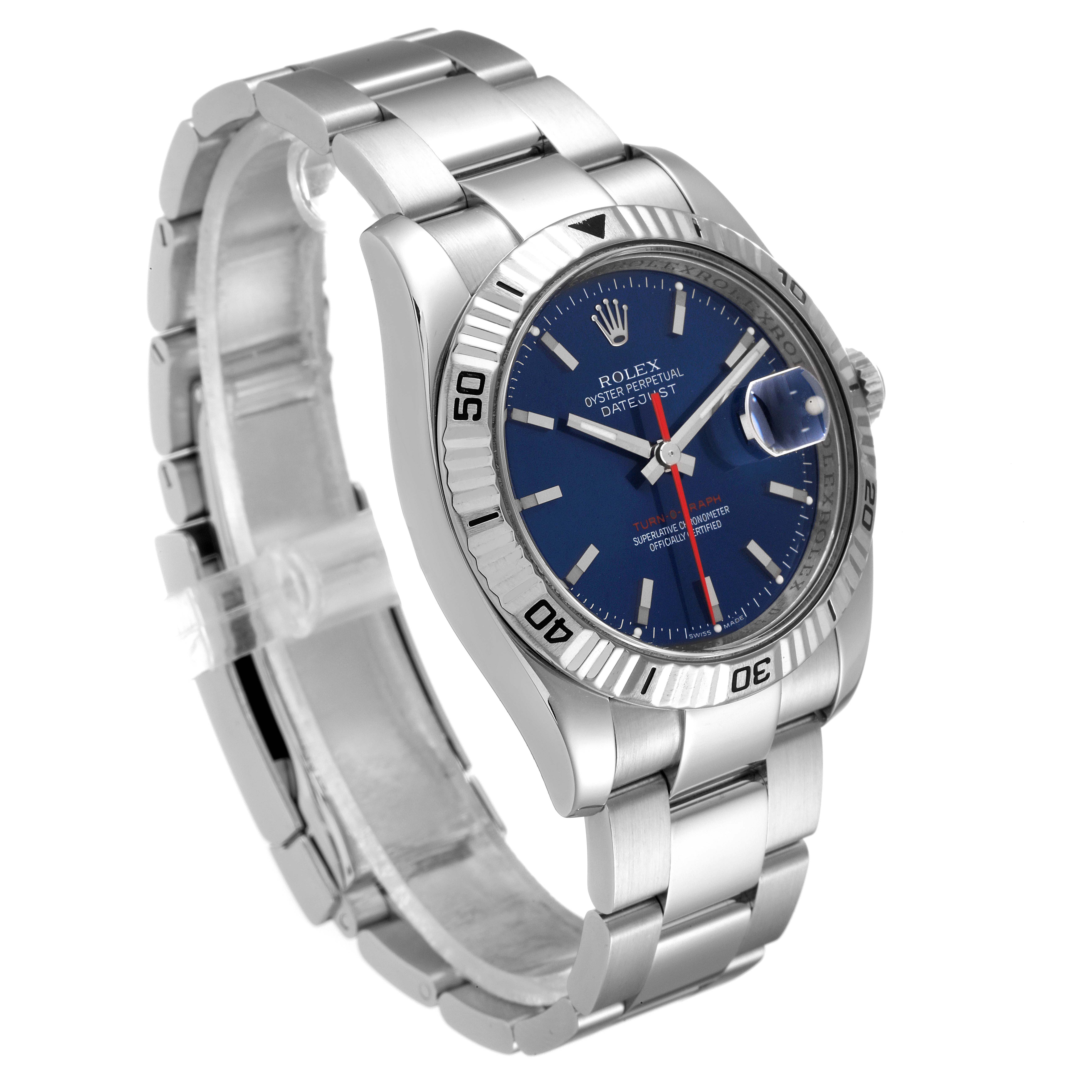 The Rolex Turn-o-Graph 116264 Men
s Stainless Steel Blue Dial 116264 Men
s Stainless Steel Blue Dial watch is shown at a three-quarter angle, displaying the bracelet, dial, and bezel.