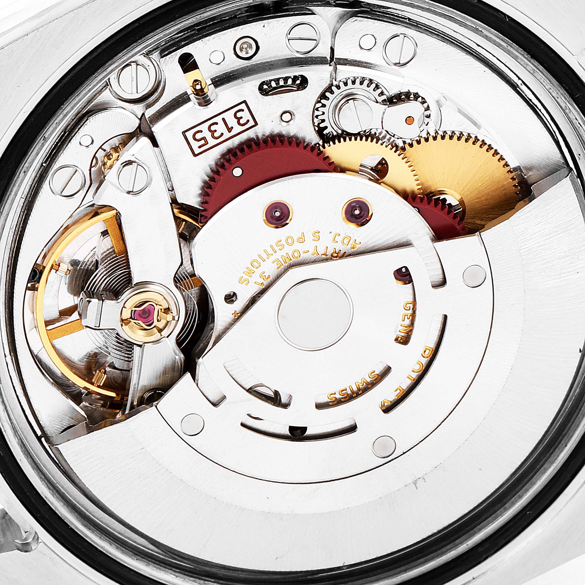 This image shows the intricate movement and mechanical parts of a Rolex Turn-o-Graph 116264 Men
s Stainless Steel Blue Dial 116264 Men
s Stainless Steel Blue Dial watch from a close-up angle.