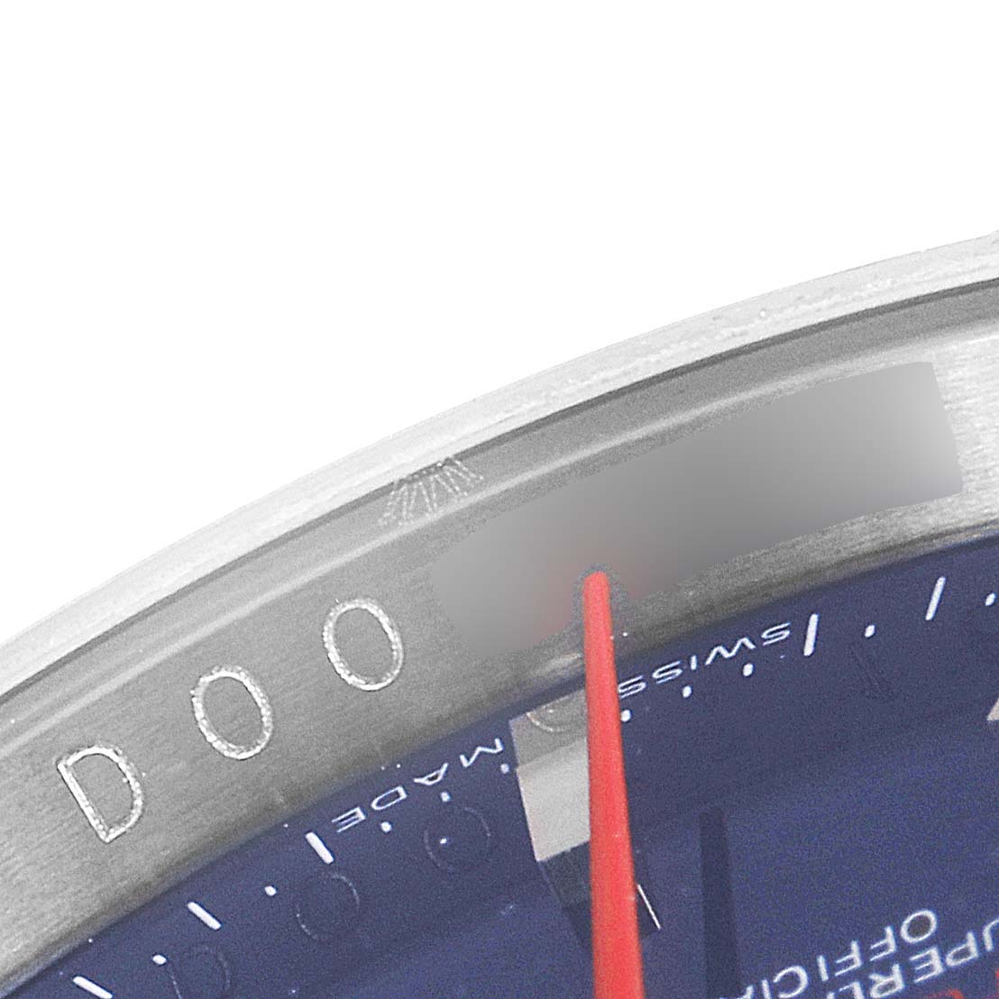 This image shows a close-up of the bezel and dial of a Rolex Turn-o-Graph 116264 Men's Stainless Steel Blue Dial 116264 Men's Stainless Steel Blue Dial watch.