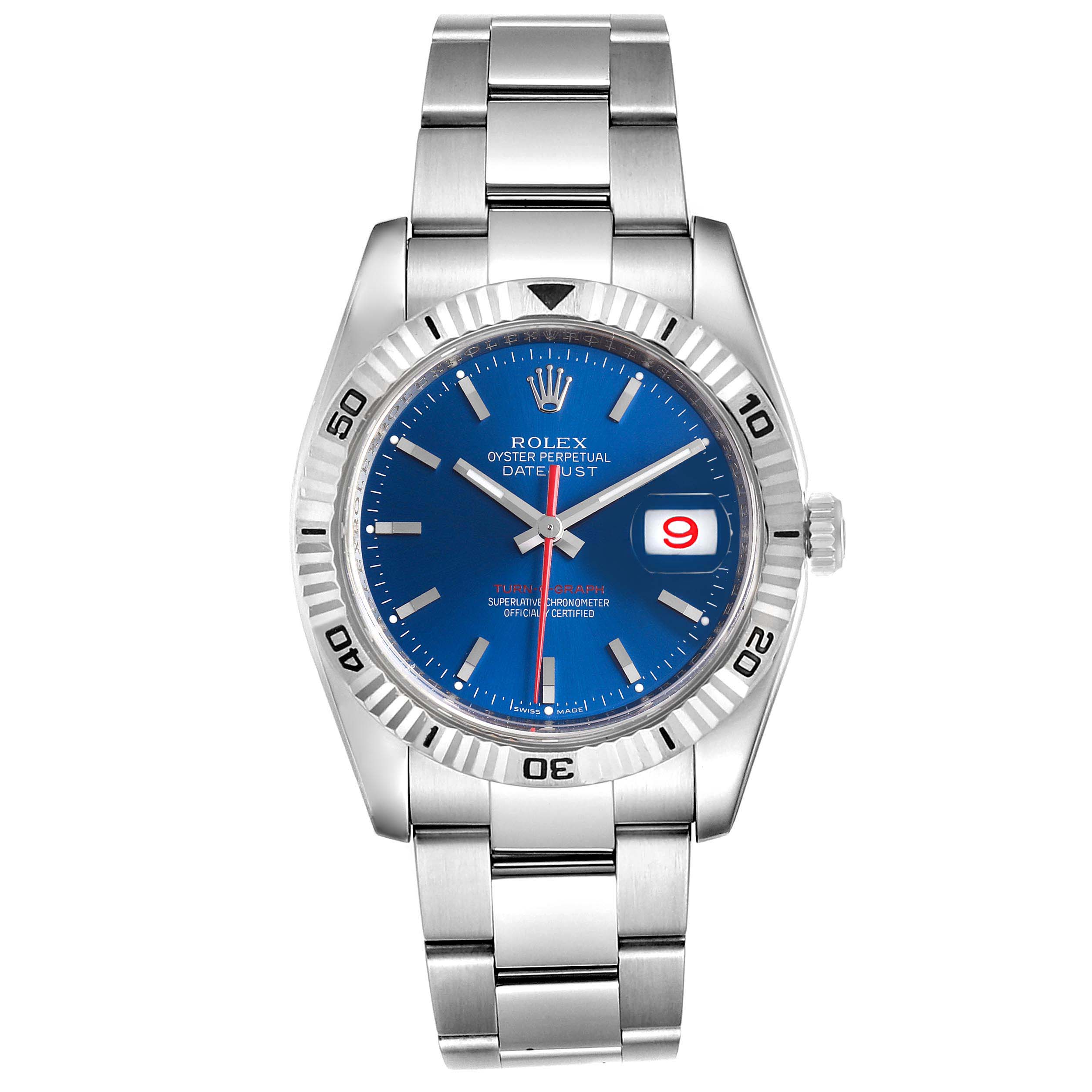 The image shows a top view of the Rolex Turn-o-Graph 116264 Men's Stainless Steel Blue Dial 116264 Men's Stainless Steel Blue Dial watch, featuring its dial, bezel, and bracelet.