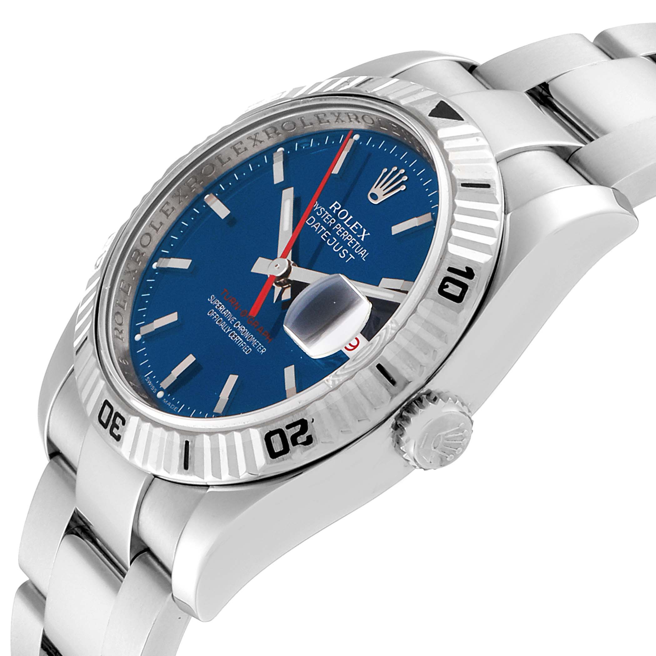 This image shows a side angle of a Rolex Turn-o-Graph 116264 Men's Stainless Steel Blue Dial 116264 Men's Stainless Steel Blue Dial watch, highlighting the bezel, dial, crown, and part of the bracelet.