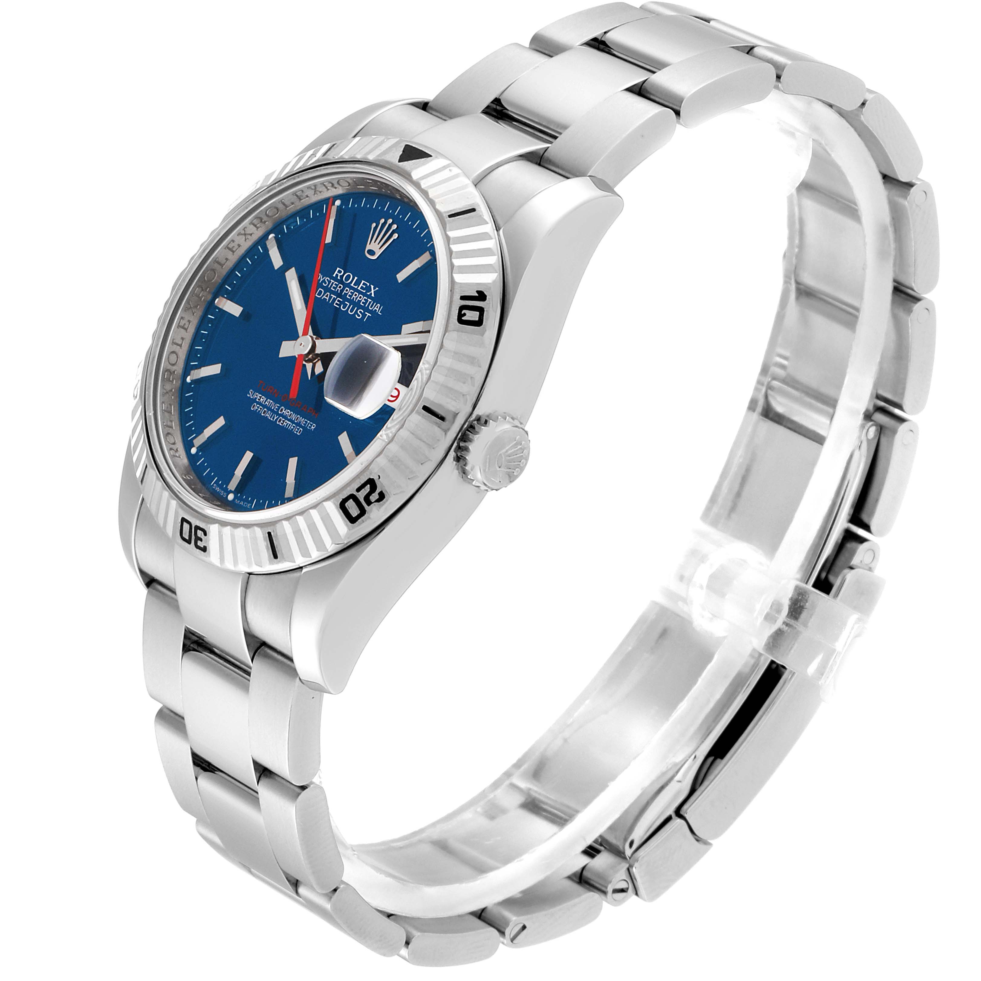 The Rolex Turn-o-Graph 116264 Men's Stainless Steel Blue Dial 116264 Men's Stainless Steel Blue Dial watch is shown at a three-quarter angle, displaying its face, bezel, crown, and bracelet.