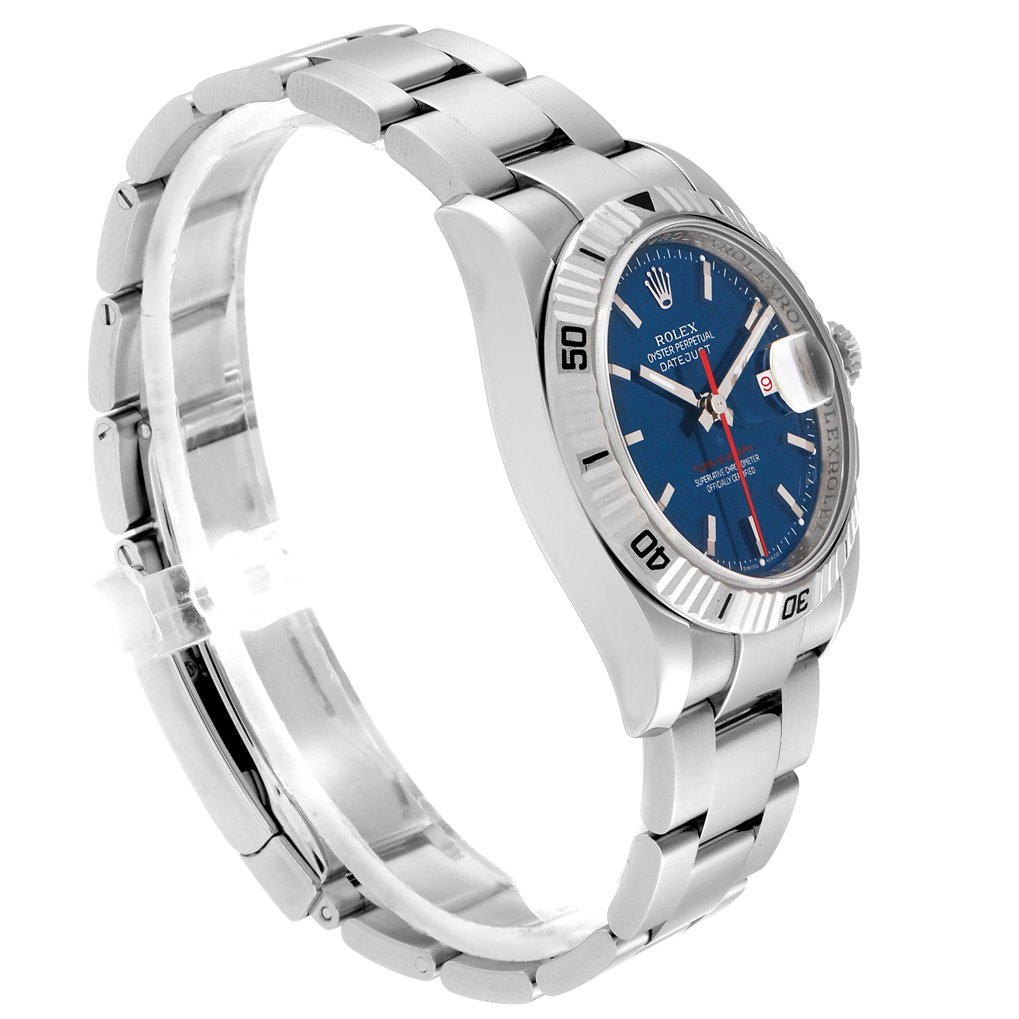 The Rolex Turn-o-Graph 116264 Men's Stainless Steel Blue Dial 116264 Men's Stainless Steel Blue Dial watch is shown at a side angle, displaying its blue dial, bezel, and metal bracelet.