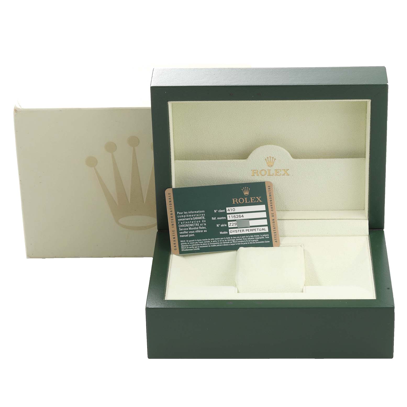 This image shows the packaging box, warranty card, and cushion for a Rolex Turn-o-Graph 116264 Men
s Stainless Steel White Dial 116264 Men
s Stainless Steel White Dial watch.