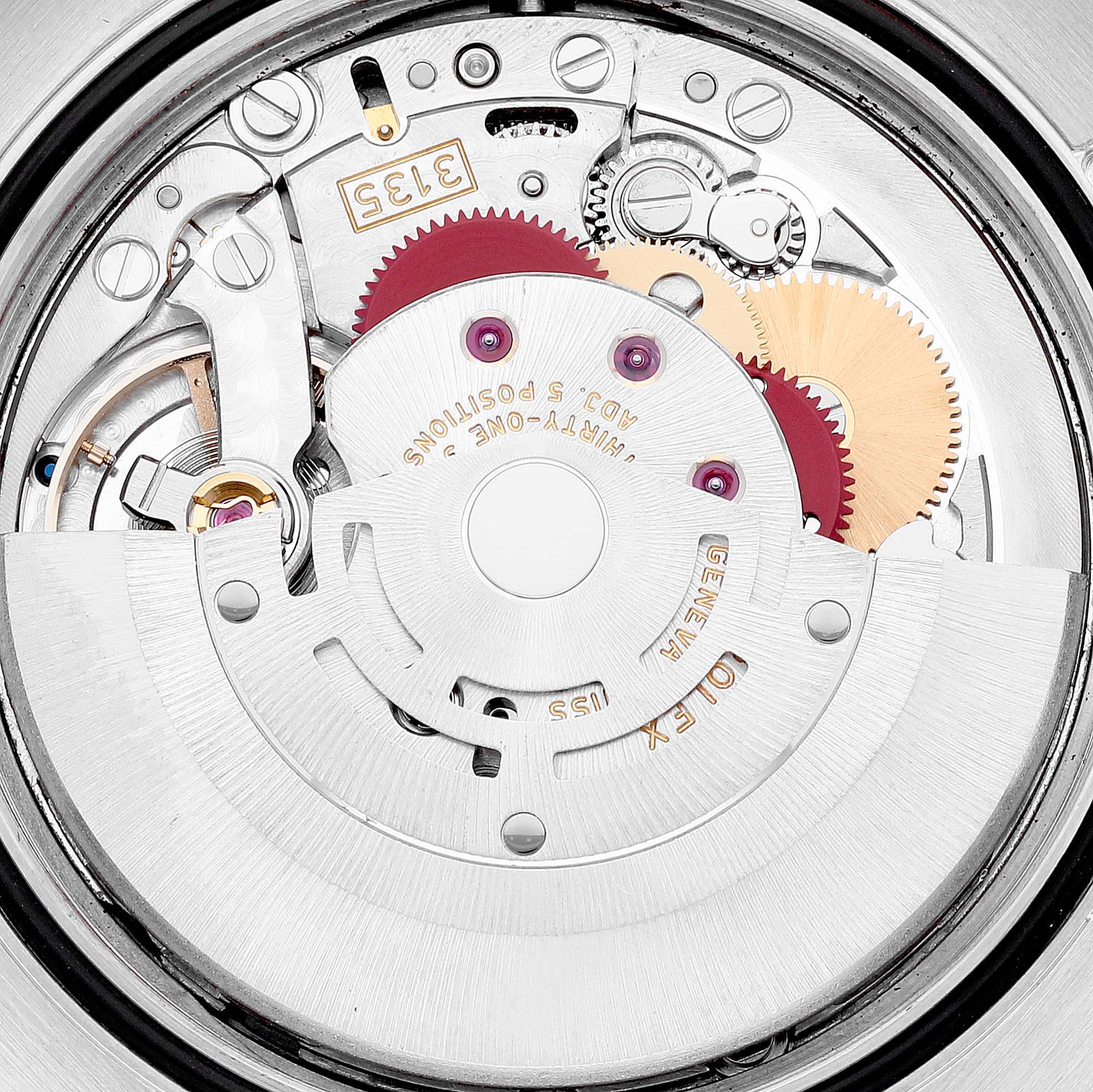 The image shows the movement mechanism of a Rolex Turn-o-Graph 116264 Men
s Stainless Steel White Dial 116264 Men
s Stainless Steel White Dial watch, viewed from the back.