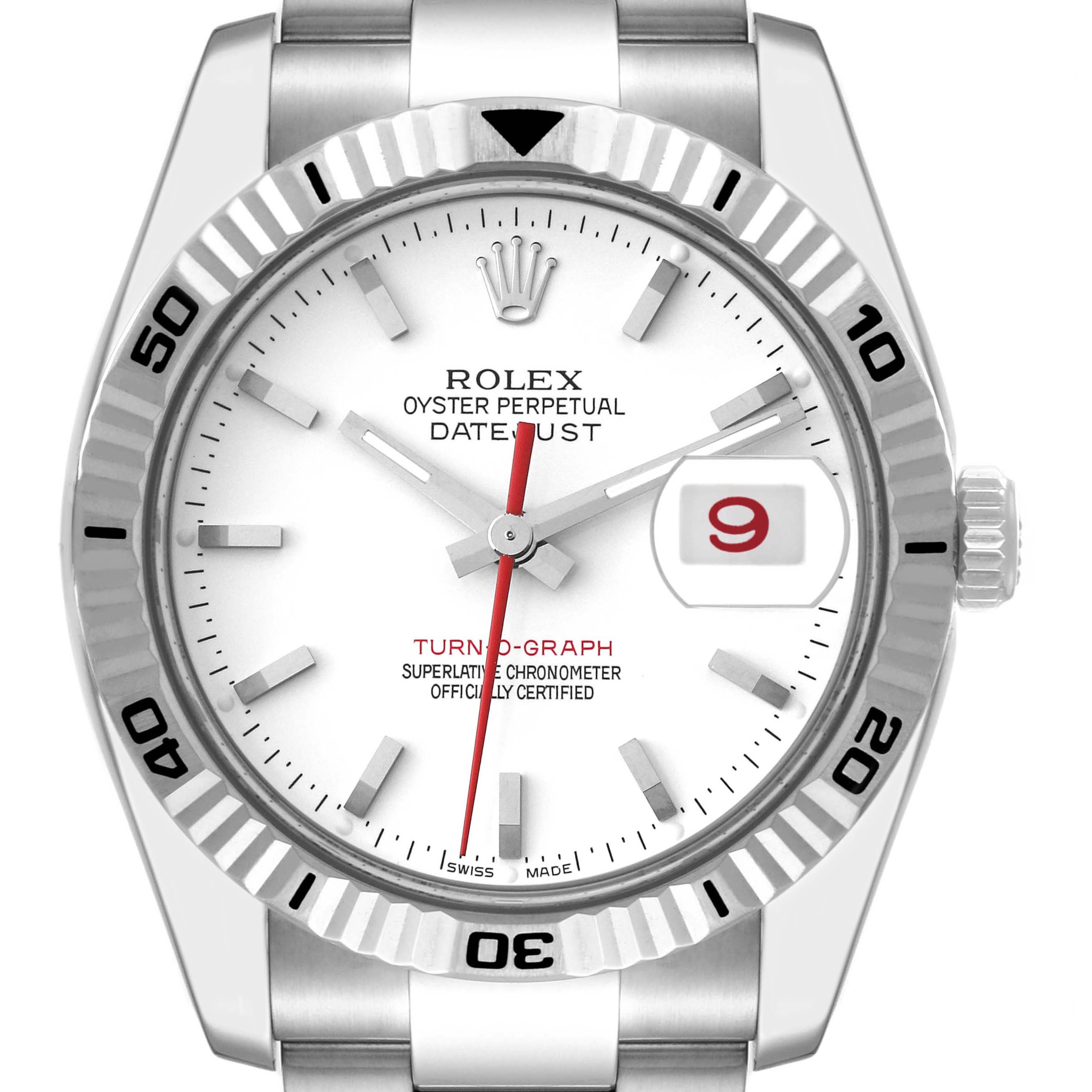 The image shows a front view of the Rolex Turn-o-Graph 116264 Men
s Stainless Steel White Dial 116264 Men
s Stainless Steel White Dial watch, highlighting its bezel, dial, and crown.