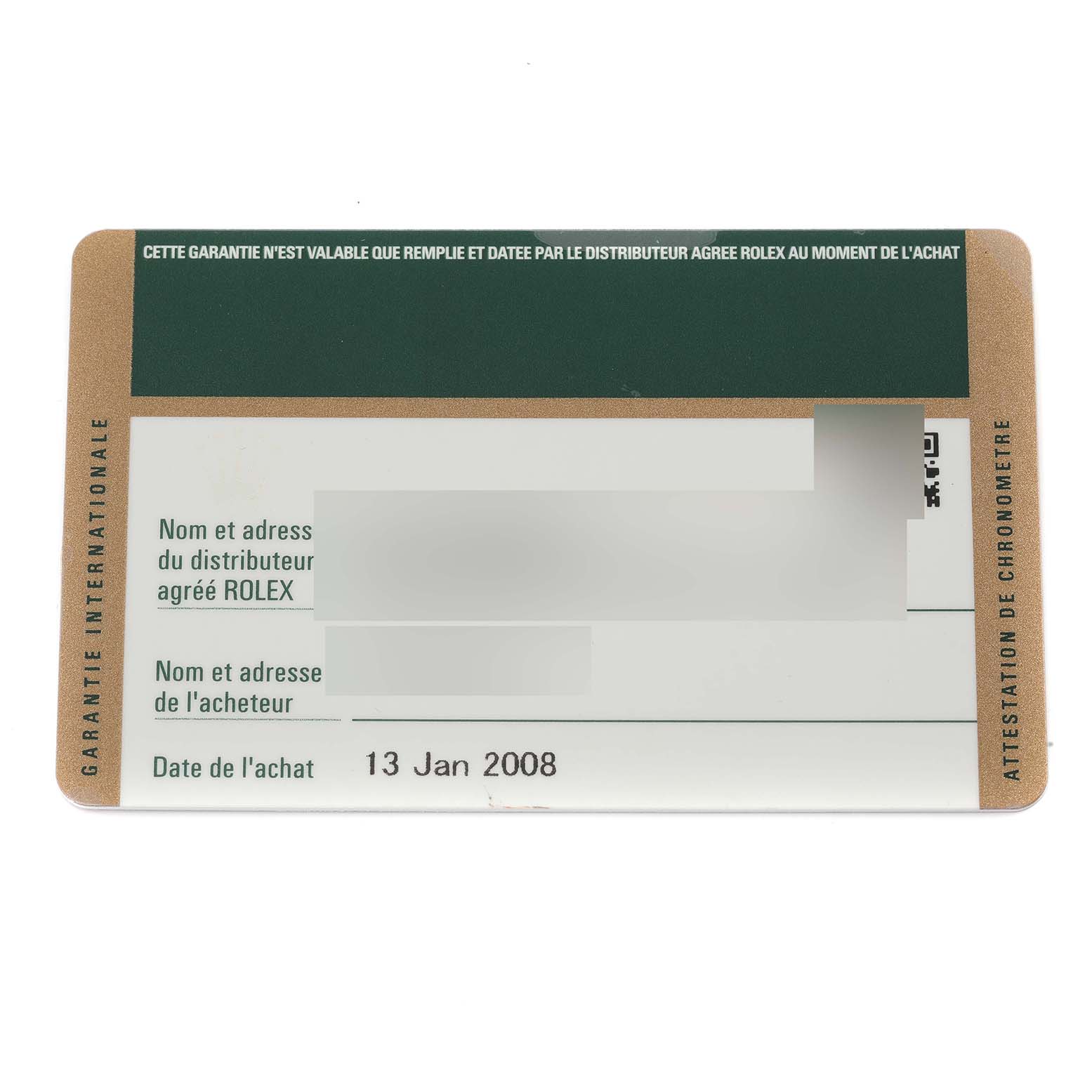 This image shows the front of the international warranty card for a Rolex Turn-o-Graph 116264 Men
s Stainless Steel White Dial 116264 Men
s Stainless Steel White Dial model, dated January 13, 2008.