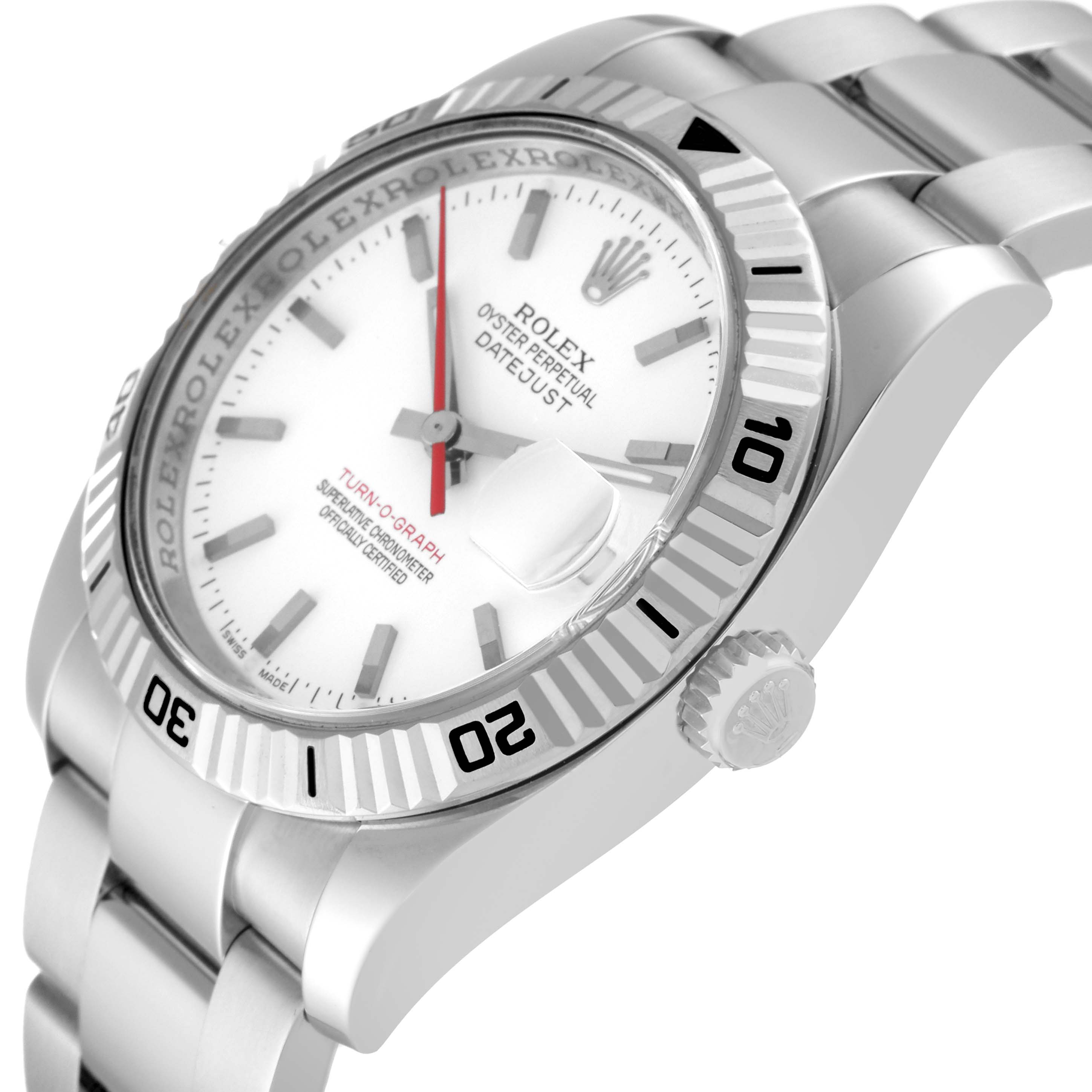The image shows a side angle of the Rolex Turn-o-Graph 116264 Men
s Stainless Steel White Dial 116264 Men
s Stainless Steel White Dial watch, highlighting the bezel, dial, crown, and bracelet.