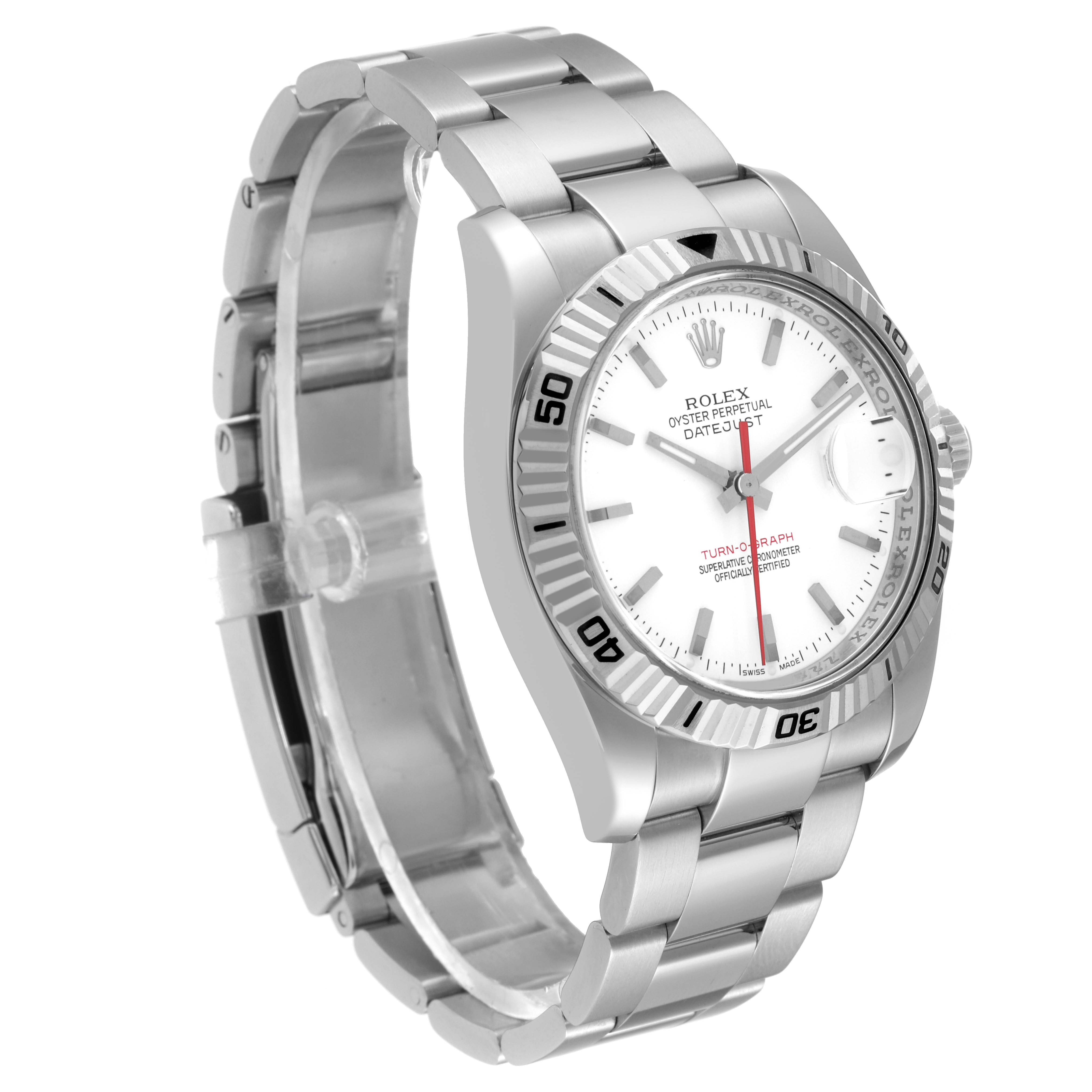 This image shows a Rolex Turn-o-Graph 116264 Men
s Stainless Steel White Dial 116264 Men
s Stainless Steel White Dial watch at a three-quarters angle, highlighting the bezel, dial, and bracelet.