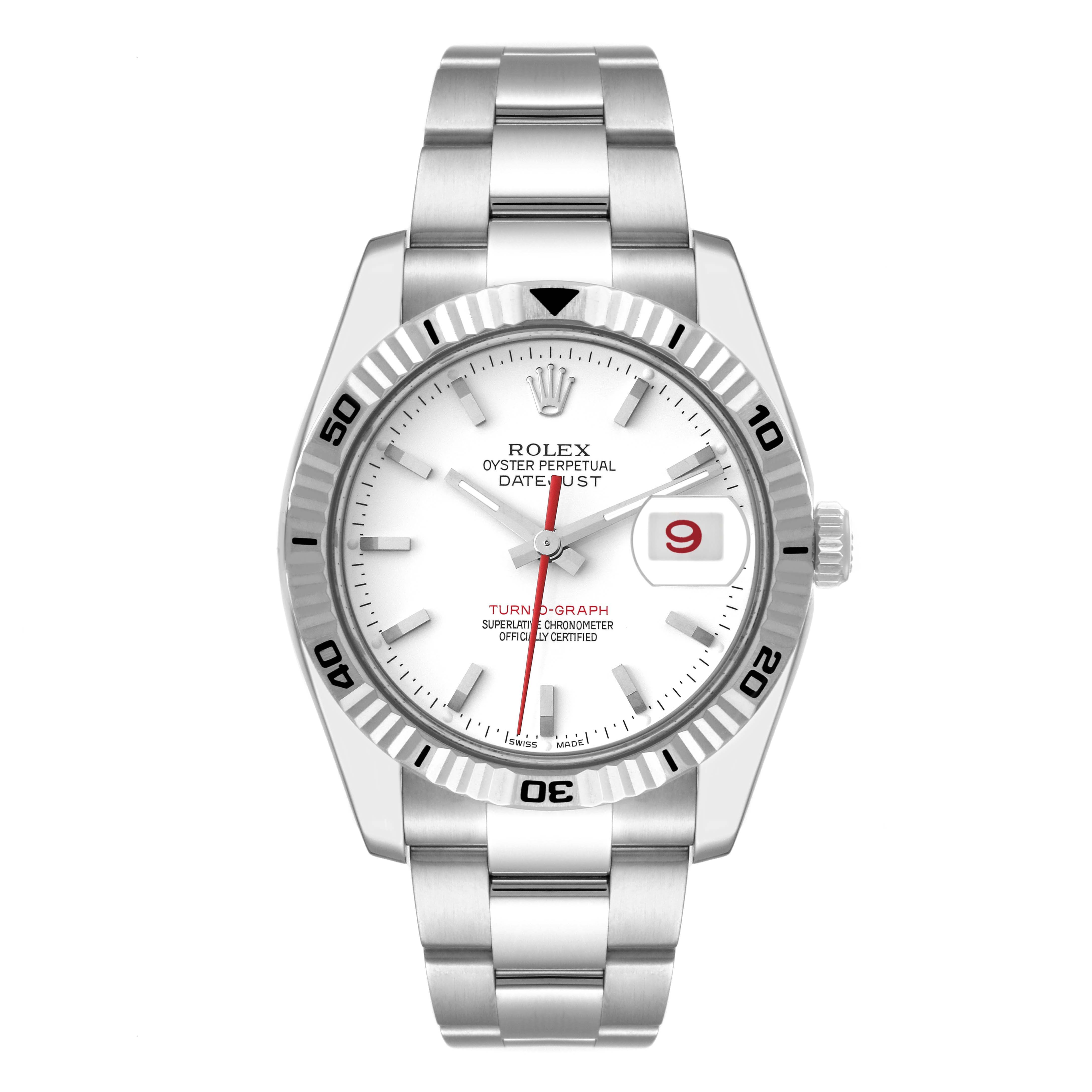The Rolex Turn-o-Graph 116264 Men
s Stainless Steel White Dial 116264 Men
s Stainless Steel White Dial watch is shown from a front angle, highlighting its dial, bezel, and bracelet.