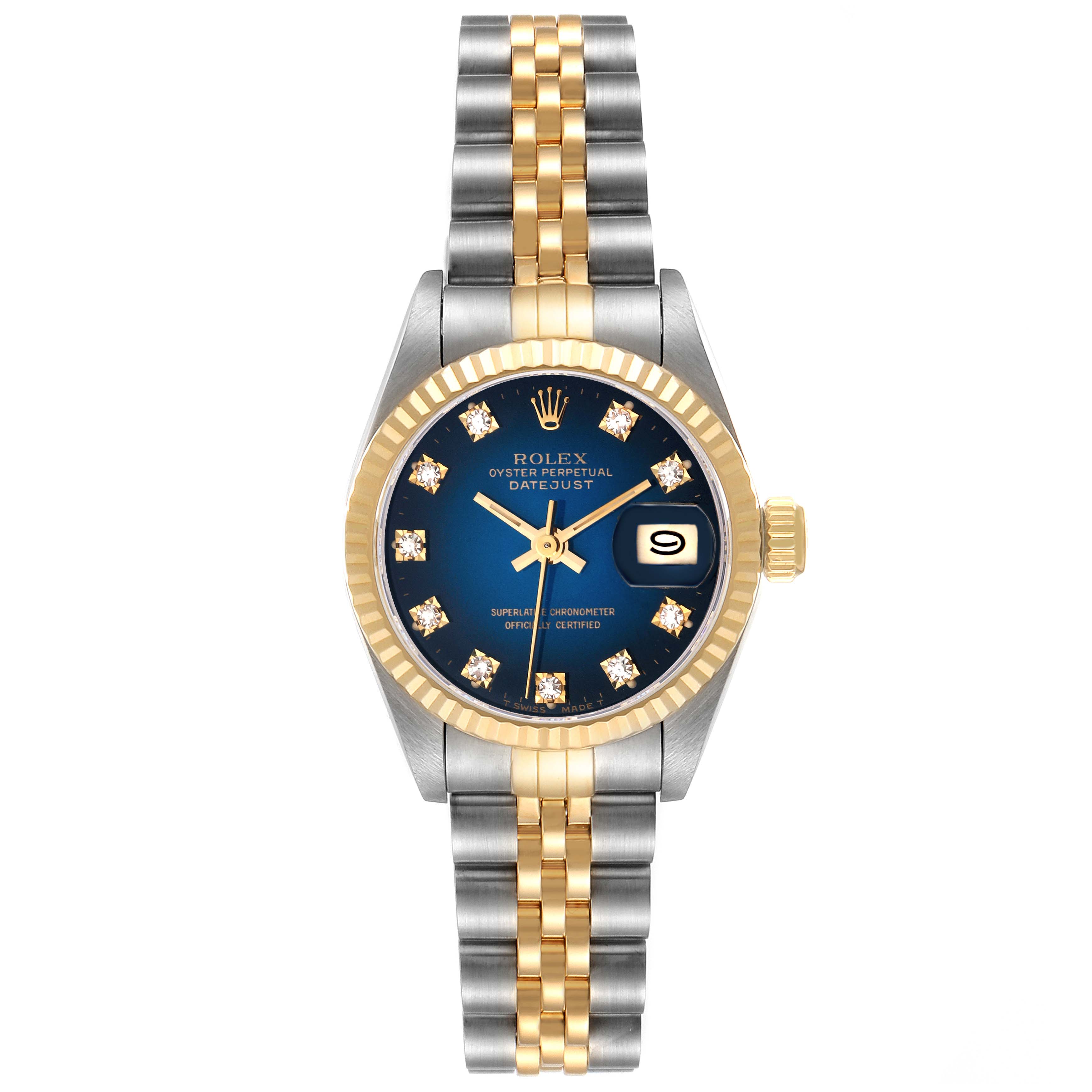 This Rolex Datejust 69173 Women's Steel and Gold (two tone) Blue Dial 69173 Women's Steel and Gold (two tone) Blue Dial watch is shown from the front angle, displaying its dial, bezel, and two-tone bracelet.