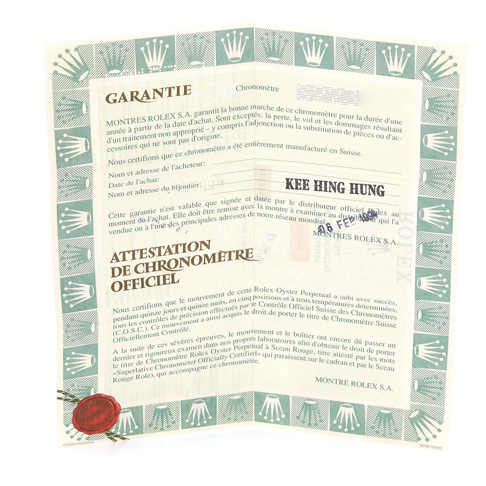 This image shows a warranty and chronometer certificate for a Rolex Datejust 69173 Women's Steel and Gold (two tone) Blue Dial 69173 Women's Steel and Gold (two tone) Blue Dial watch.