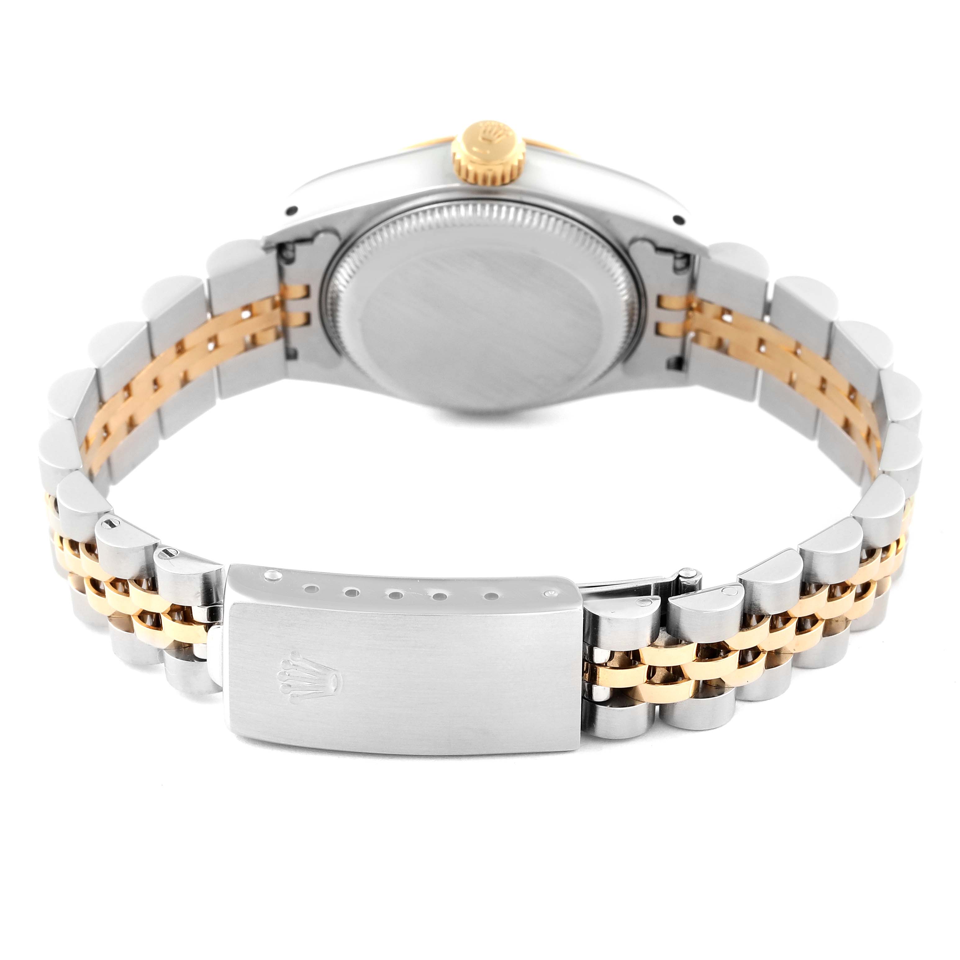 This image shows the back side, clasp, crown, and two-tone bracelet of a Rolex Datejust 69173 Women's Steel and Gold (two tone) Blue Dial 69173 Women's Steel and Gold (two tone) Blue Dial watch.