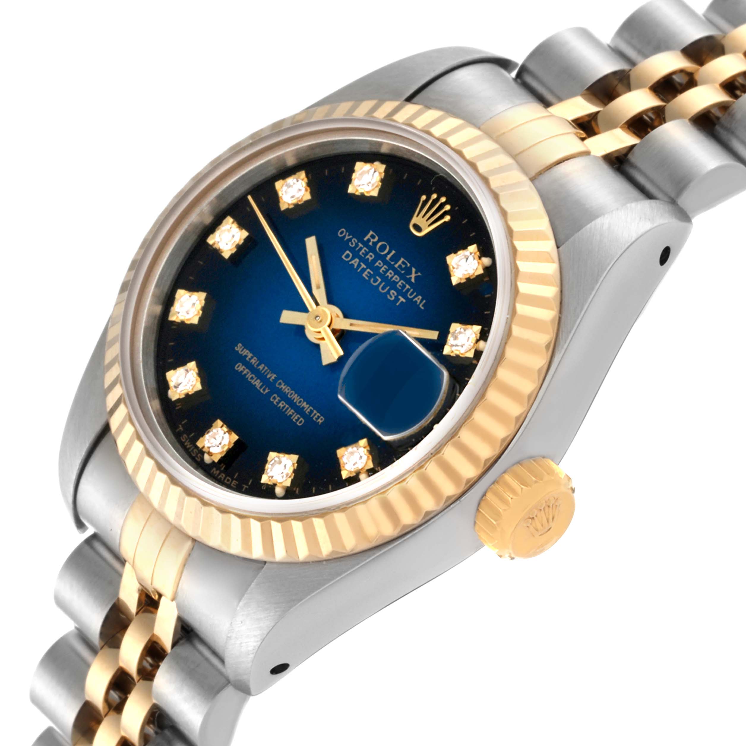 The image shows a close-up angle of the Rolex Datejust 69173 Women's Steel and Gold (two tone) Blue Dial 69173 Women's Steel and Gold (two tone) Blue Dial watch, highlighting the dial, fluted bezel, and part of the bracelet.