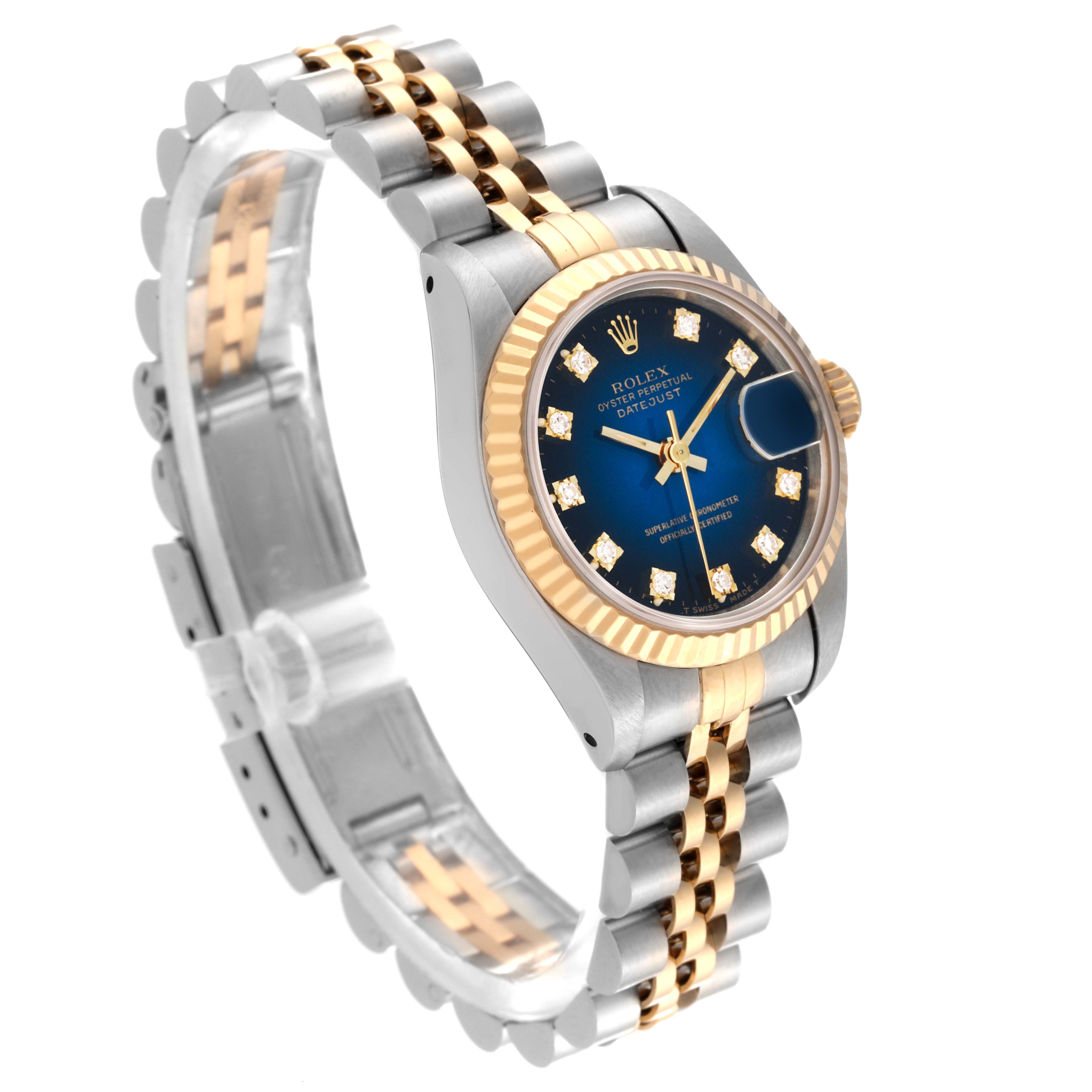 This image shows a Rolex Datejust 69173 Women's Steel and Gold (two tone) Blue Dial 69173 Women's Steel and Gold (two tone) Blue Dial watch at a three-quarter angle, highlighting its bicolor bracelet and blue dial.