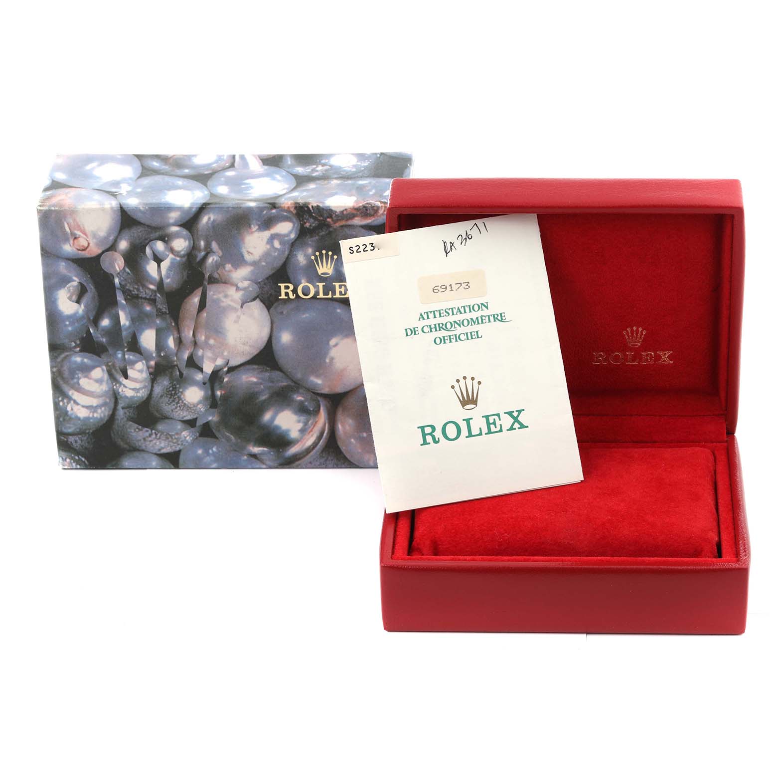 This image shows a Rolex Datejust 69173 Women's Steel and Gold (two tone) Blue Dial 69173 Women's Steel and Gold (two tone) Blue Dial watch box, official chronometer certification, and outer packaging.