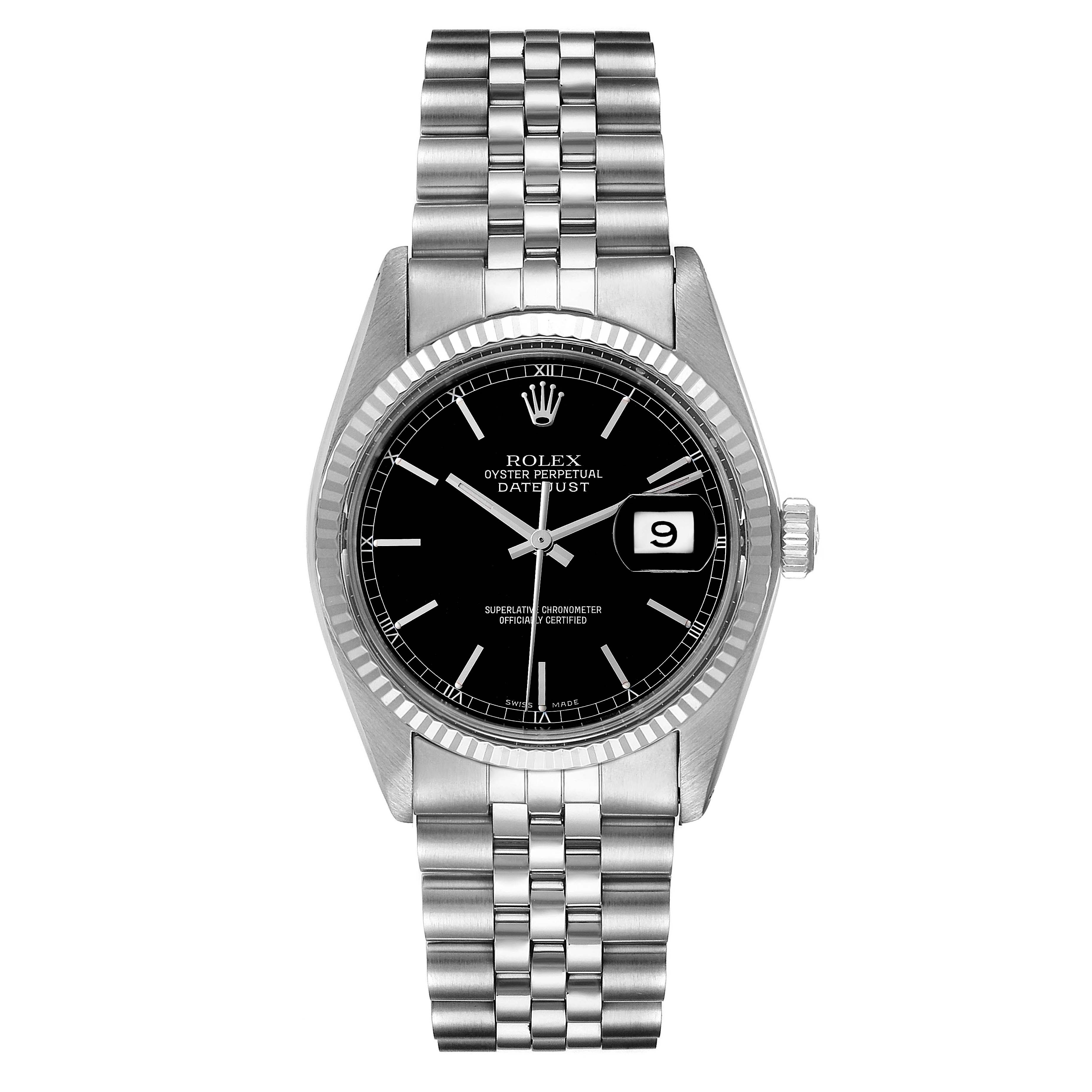 The Rolex Vintage Collection 16014 Men's Stainless Steel Black Dial 16014 Men's Stainless Steel Black Dial watch is shown from a front view, featuring a black dial, date window, and metal bracelet.