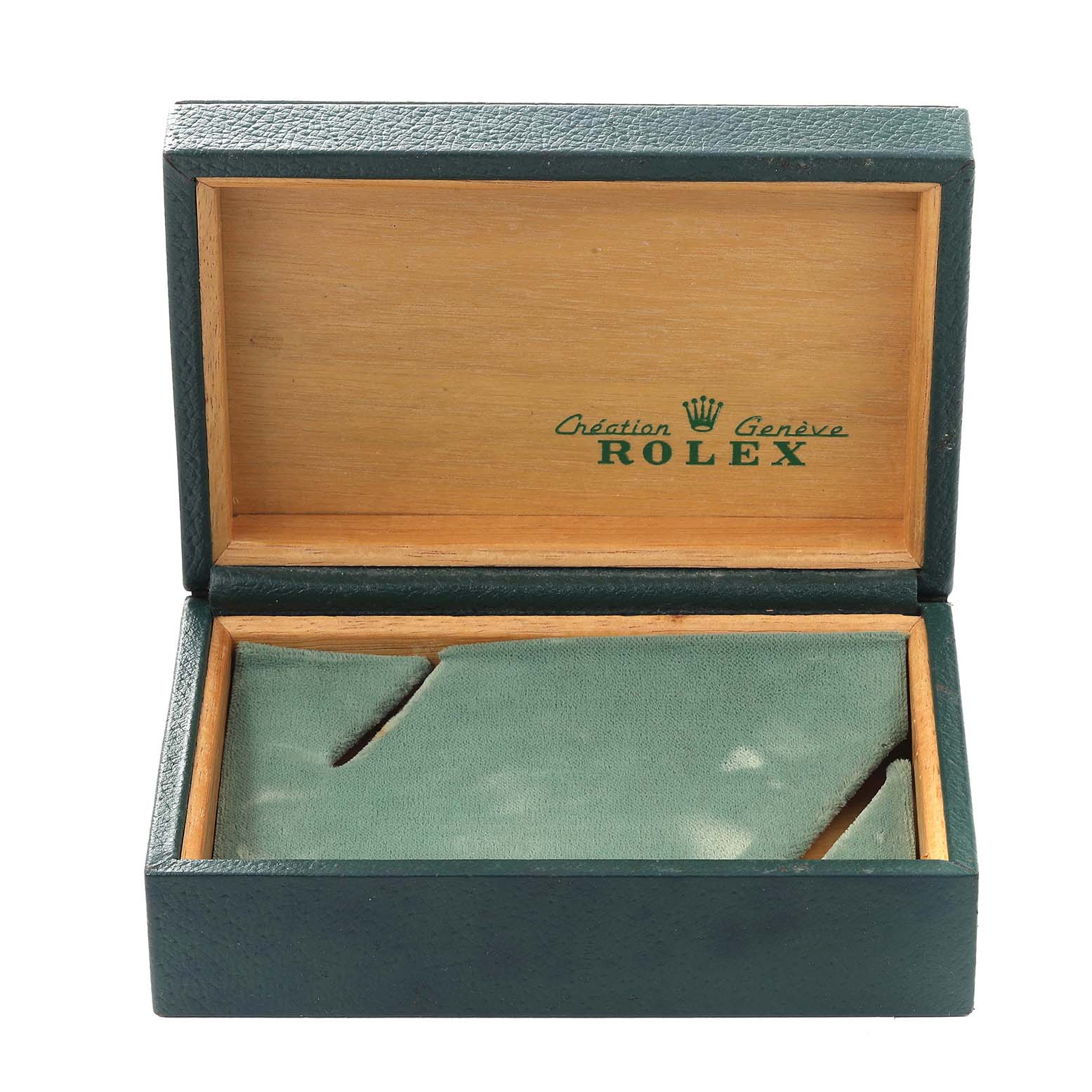 This image shows an open Rolex Vintage Collection 16014 Men's Stainless Steel Black Dial 16014 Men's Stainless Steel Black Dial watch box, displaying the inner lining and the Rolex logo on the lid.