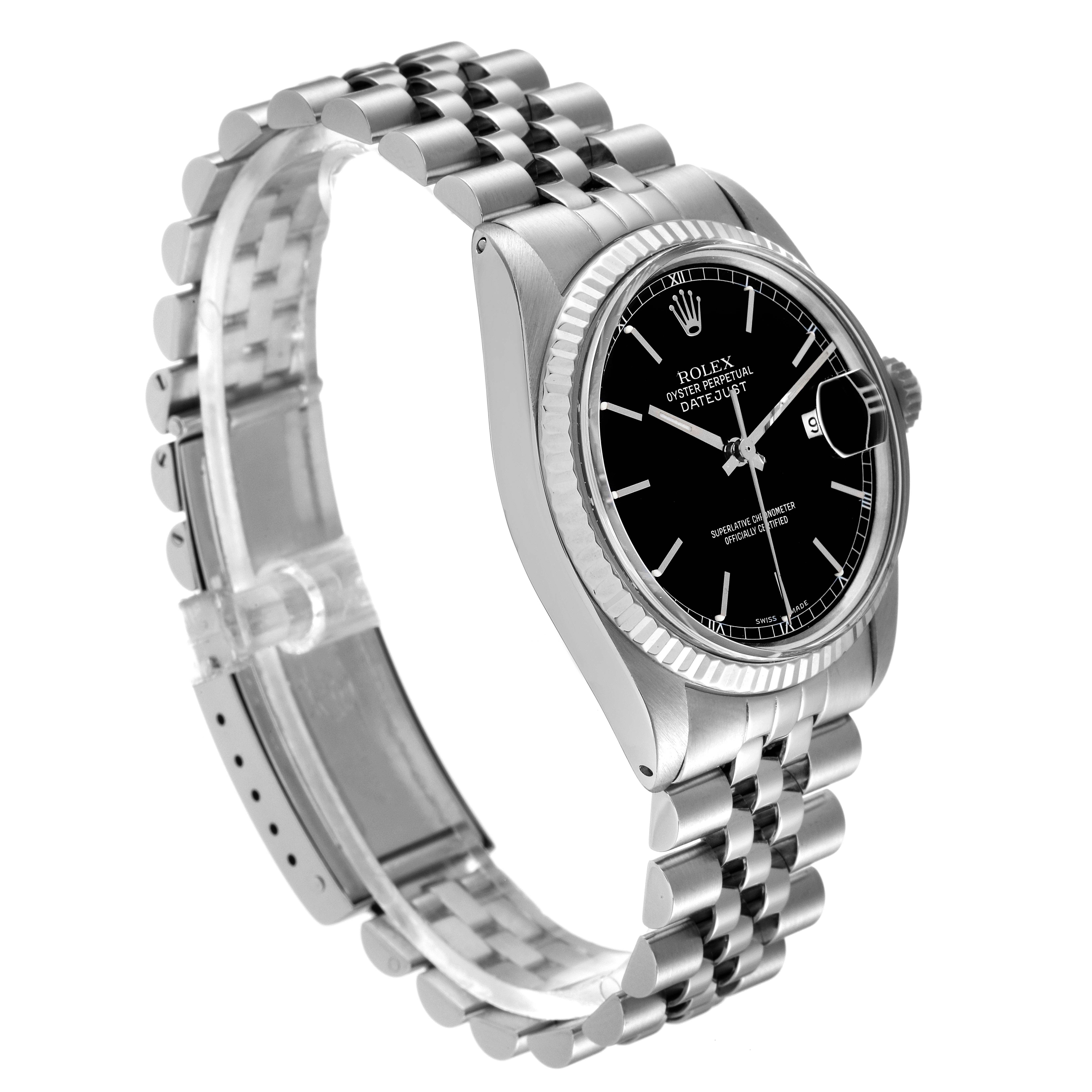 The image shows a side angle of the Rolex Vintage Collection 16014 Men's Stainless Steel Black Dial 16014 Men's Stainless Steel Black Dial model watch, highlighting its black dial and metal bracelet.