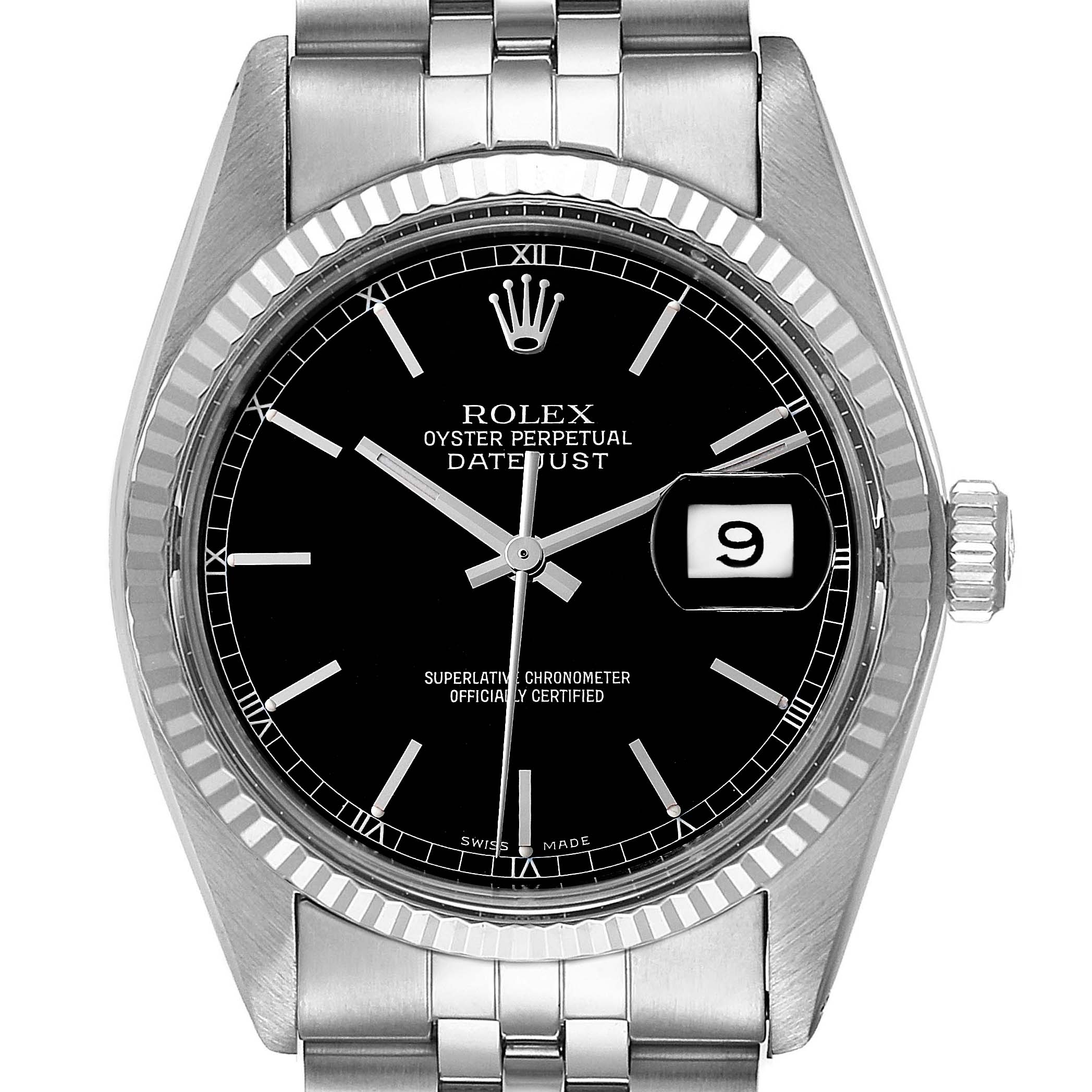 The image shows a front view of a Rolex Vintage Collection 16014 Men's Stainless Steel Black Dial 16014 Men's Stainless Steel Black Dial model, featuring its black dial, date display, and stainless steel bracelet.