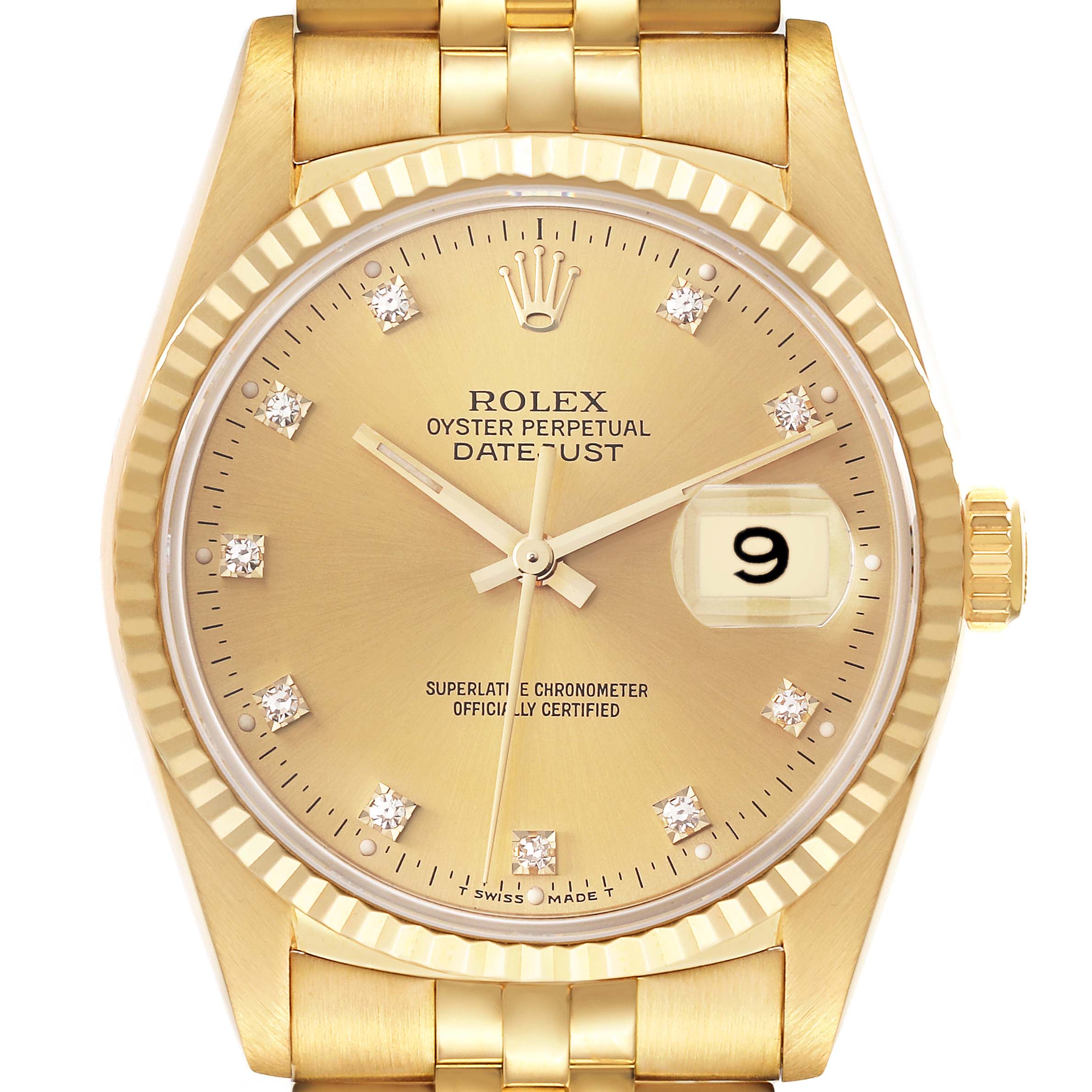 The image shows a front-facing view of the Rolex Datejust 16238 Men's Yellow Gold Champagne Dial 16238 Men's Yellow Gold Champagne Dial watch, highlighting its gold dial, bezel, case, and part of the bracelet.