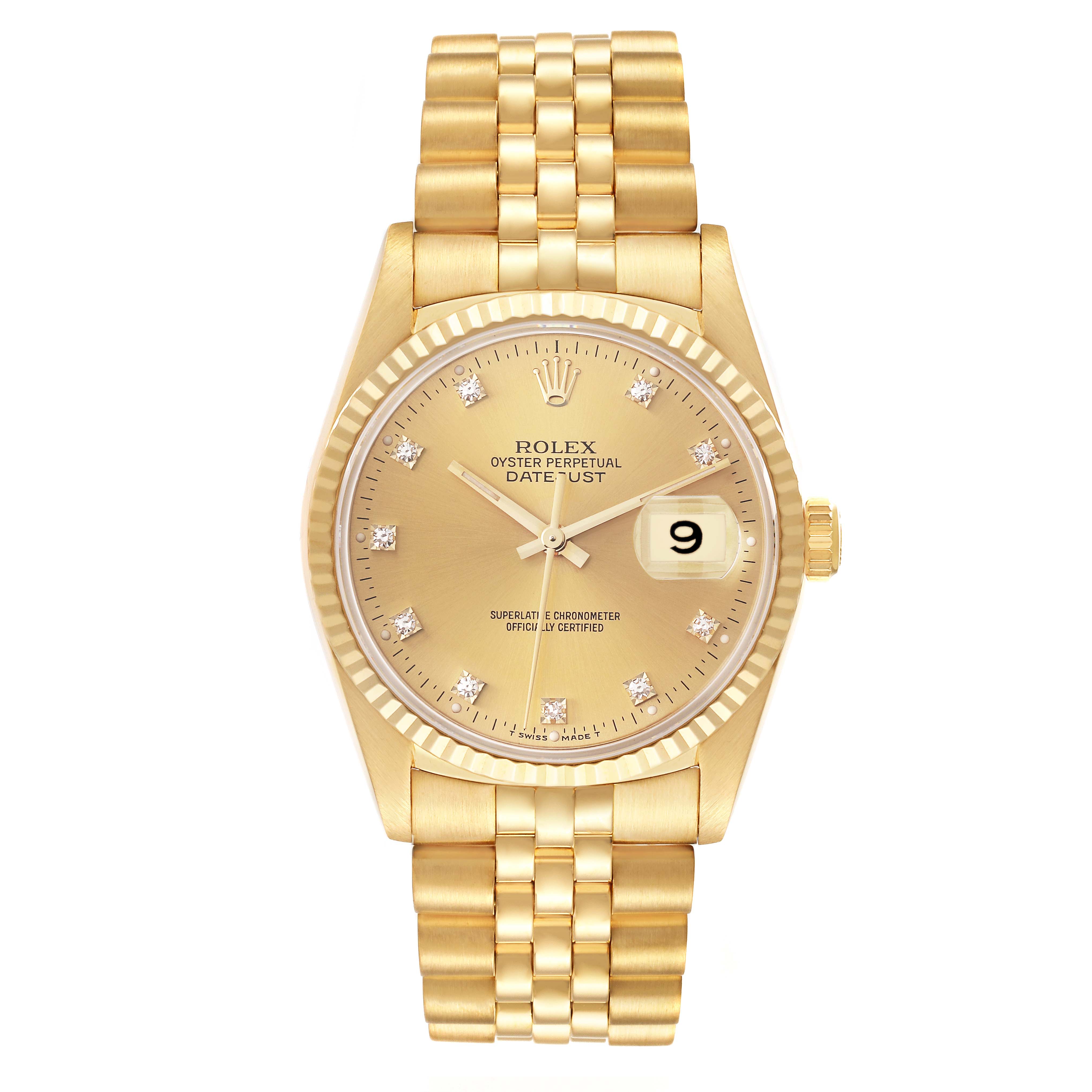 The image shows a frontal view of a Rolex Datejust 16238 Men's Yellow Gold Champagne Dial 16238 Men's Yellow Gold Champagne Dial watch, highlighting the bezel, dial, date window, and bracelet.