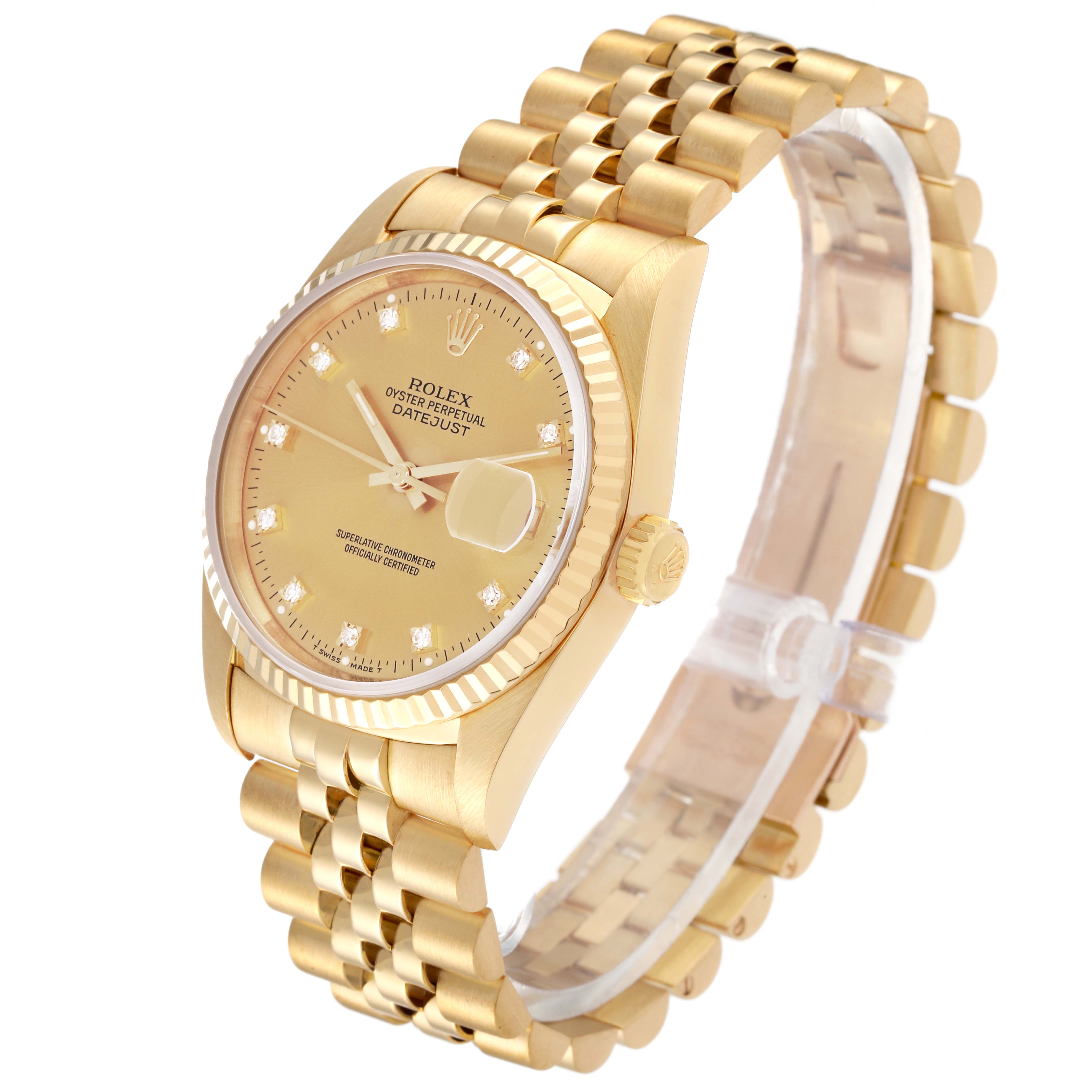 The image shows a gold Rolex Datejust 16238 Men's Yellow Gold Champagne Dial 16238 Men's Yellow Gold Champagne Dial watch at a three-quarter angle, highlighting the dial, crown, and bracelet.