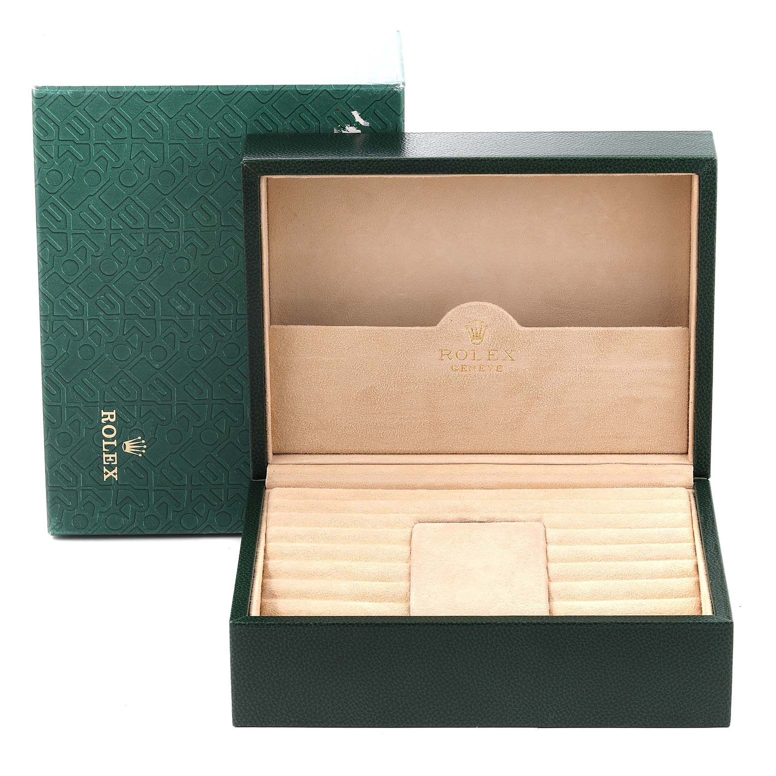 The image shows an open, empty green Rolex Datejust 16238 Men's Yellow Gold Champagne Dial 16238 Men's Yellow Gold Champagne Dial watch box, featuring beige interior padding and the Rolex logo.