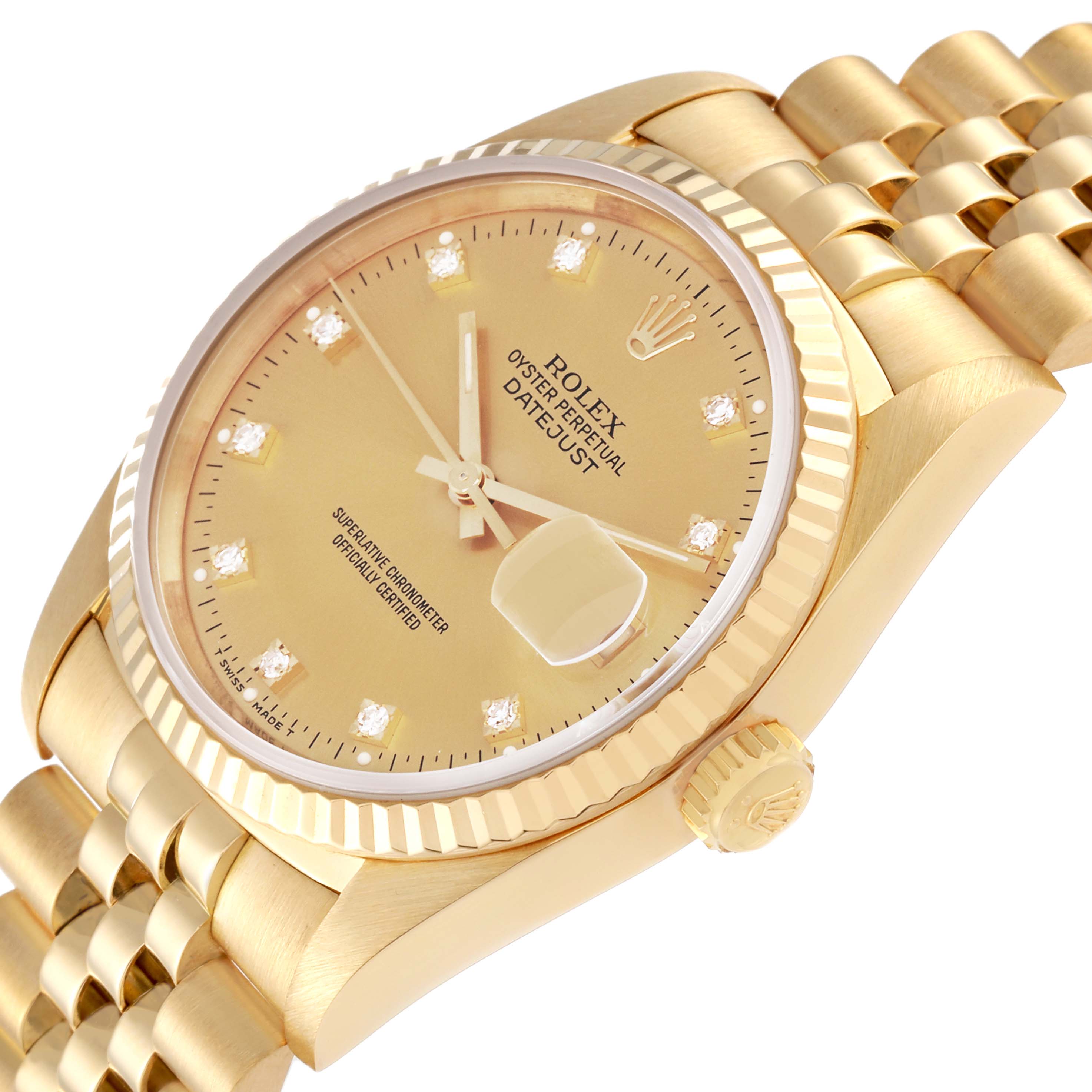 This image shows a close-up, angled view of the face, bezel, and part of the bracelet of a Rolex Datejust 16238 Men's Yellow Gold Champagne Dial 16238 Men's Yellow Gold Champagne Dial watch.
