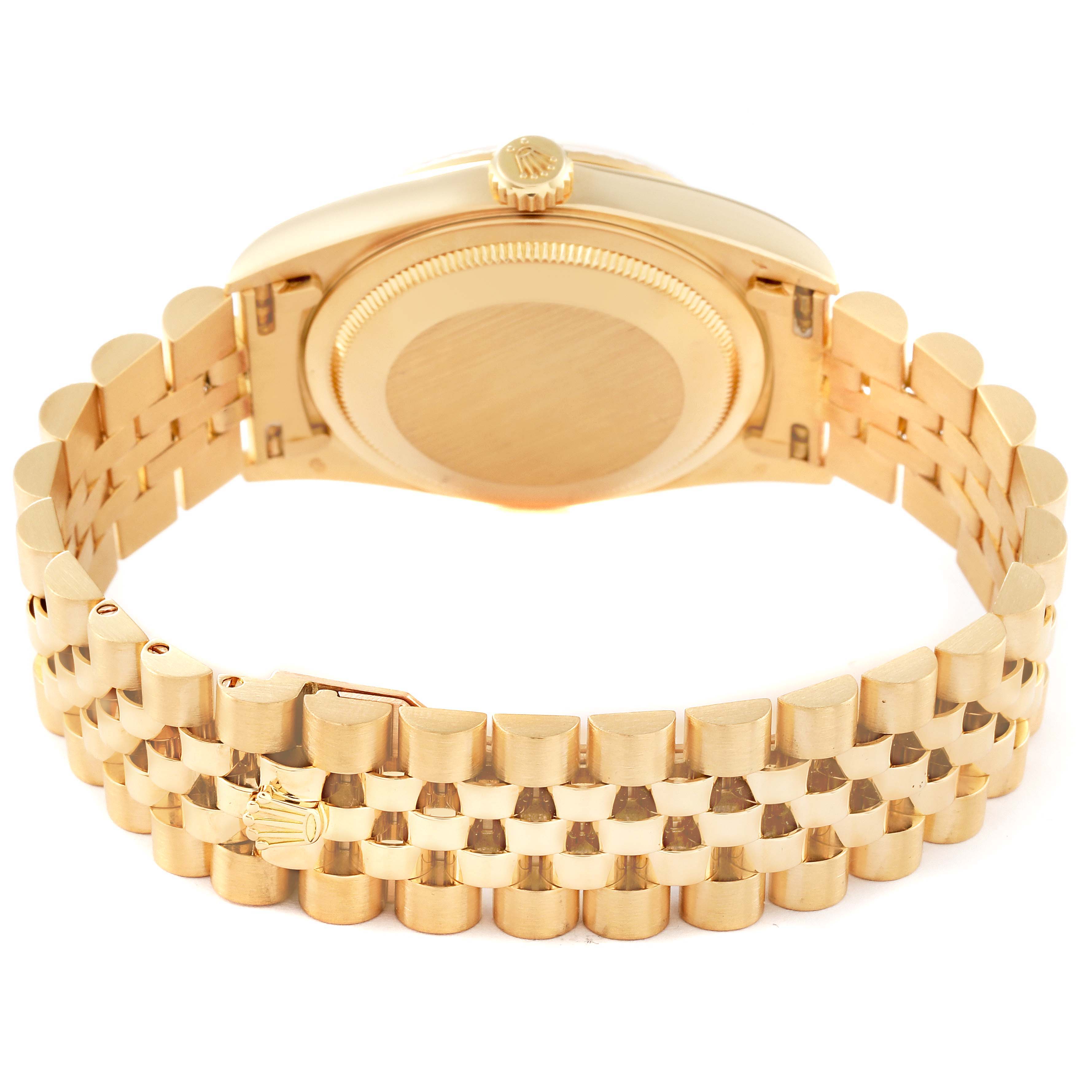The image shows the back side of the Rolex Datejust 16238 Men's Yellow Gold Champagne Dial 16238 Men's Yellow Gold Champagne Dial watch, focusing on the bracelet and case back.