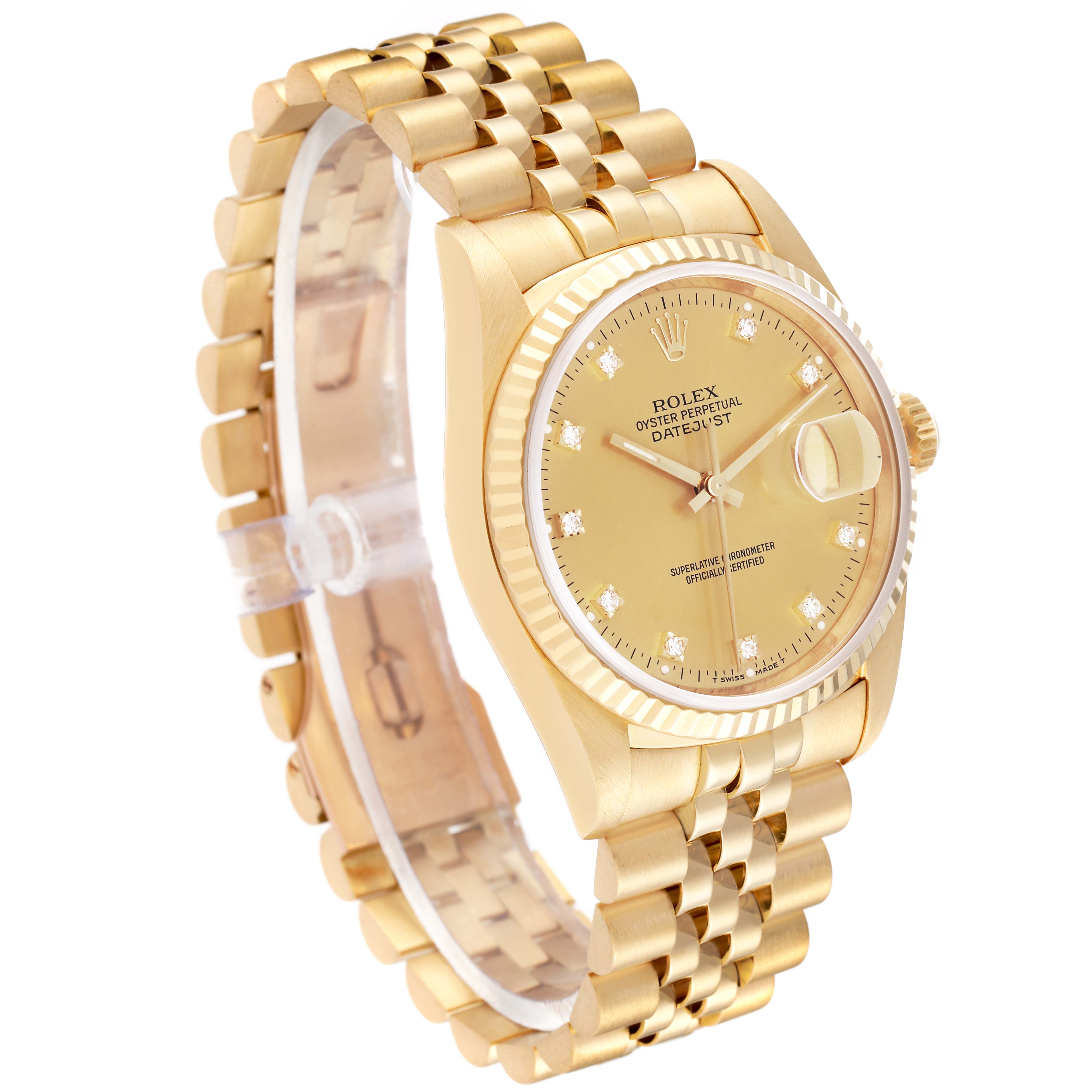 This Rolex Datejust 16238 Men's Yellow Gold Champagne Dial 16238 Men's Yellow Gold Champagne Dial watch is shown from an angled side view, displaying the dial, bezel, crown, and bracelet.