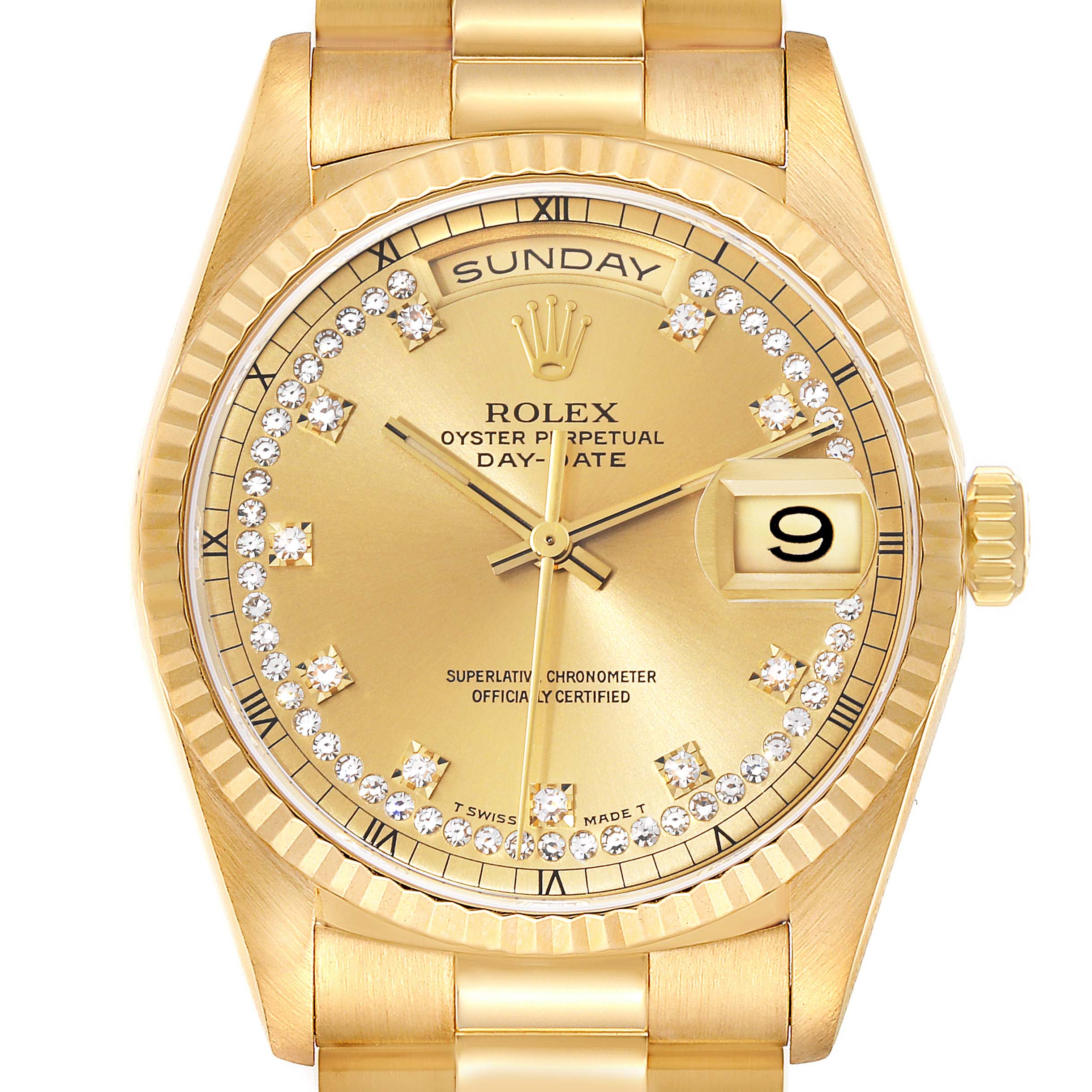 The image shows a Rolex President 18238 Men
s Yellow Gold Champagne Dial 18238 Men
s Yellow Gold Champagne Dial model watch, focusing on its gold face, fluted bezel, and gold bracelet at a straight-on angle.