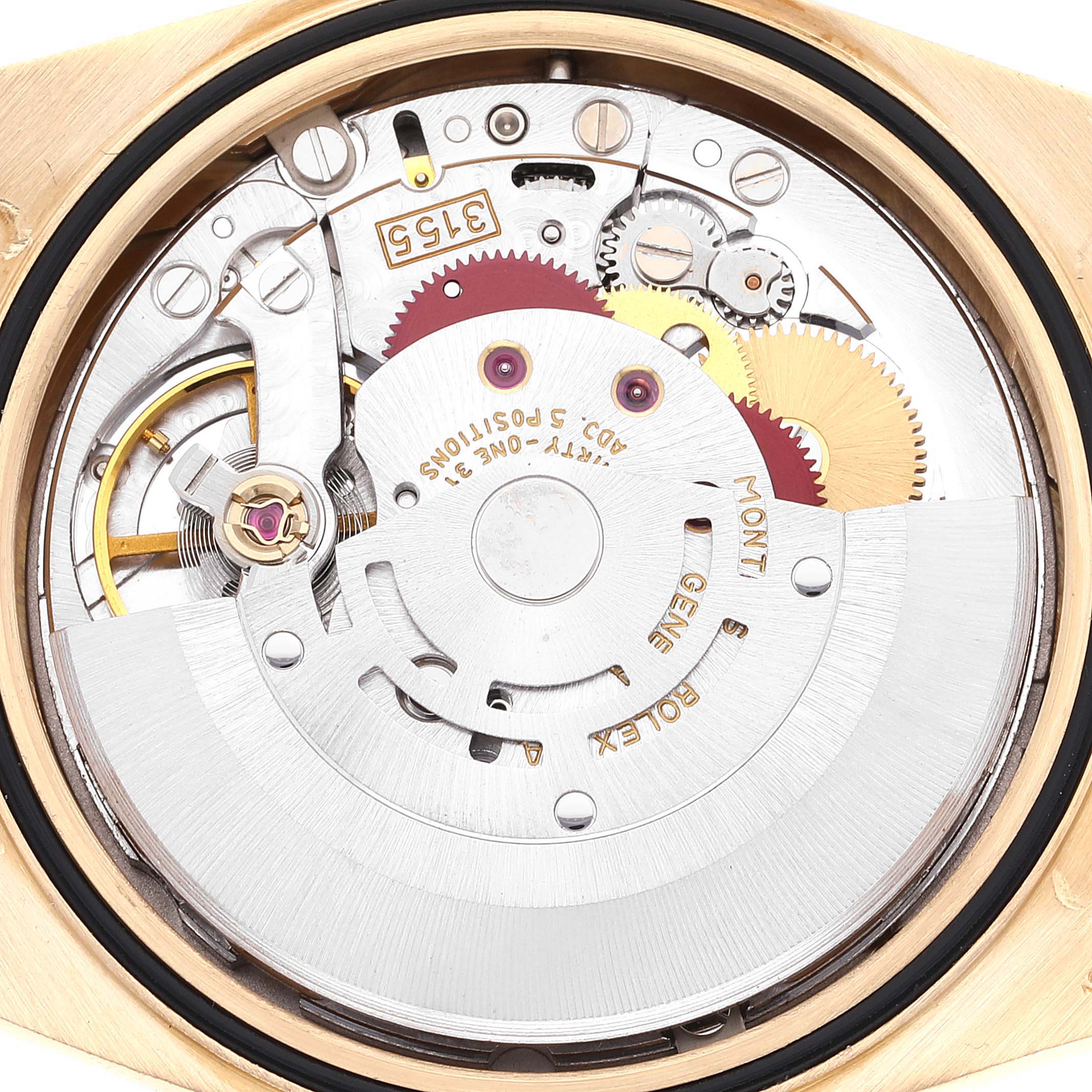 This image shows the mechanical inner workings and movement mechanism of a Rolex President 18238 Men
s Yellow Gold Champagne Dial 18238 Men
s Yellow Gold Champagne Dial model watch from a rear angle.