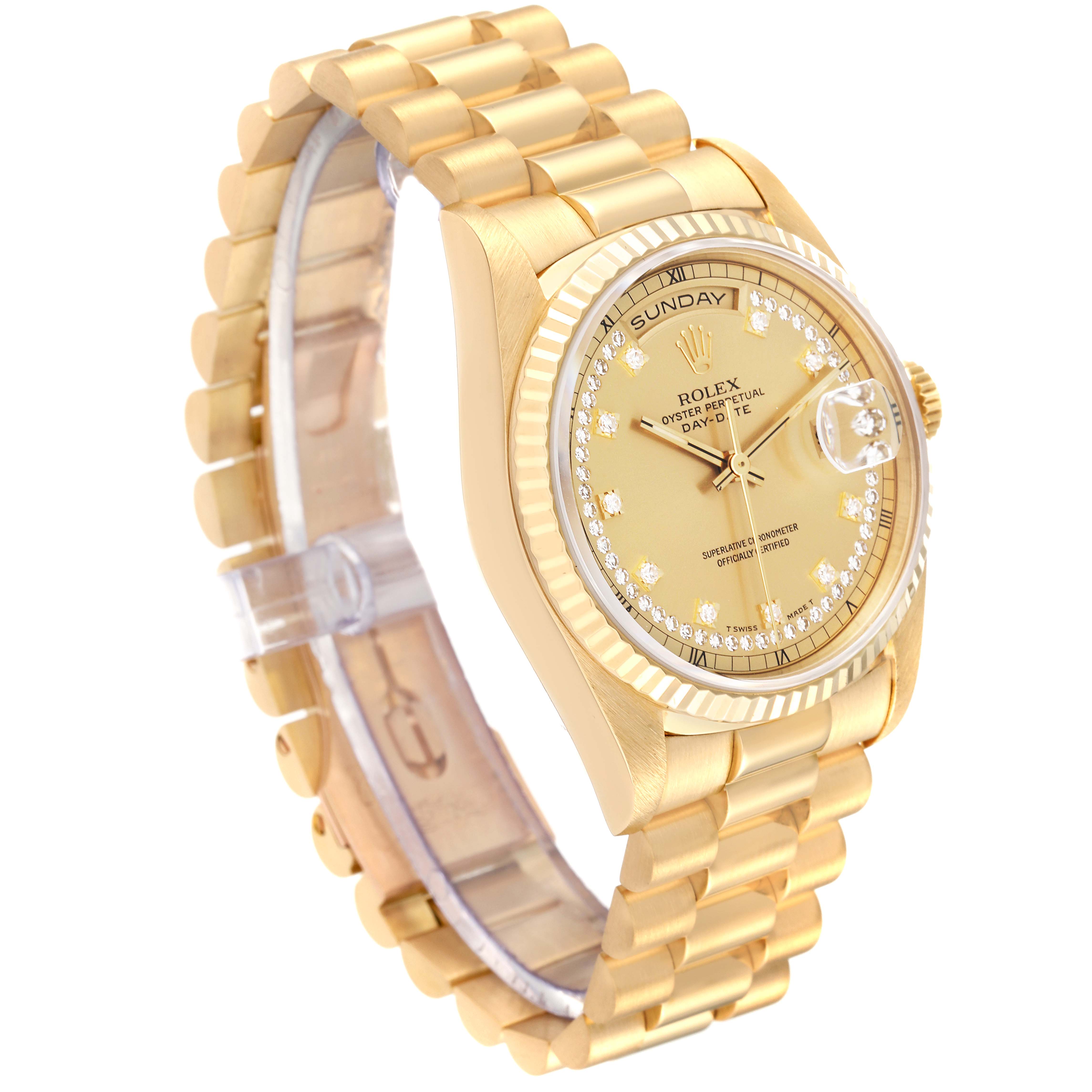 The Rolex President 18238 Men
s Yellow Gold Champagne Dial 18238 Men
s Yellow Gold Champagne Dial model watch is shown at a slight side angle, displaying its watch face, bracelet, and crown.