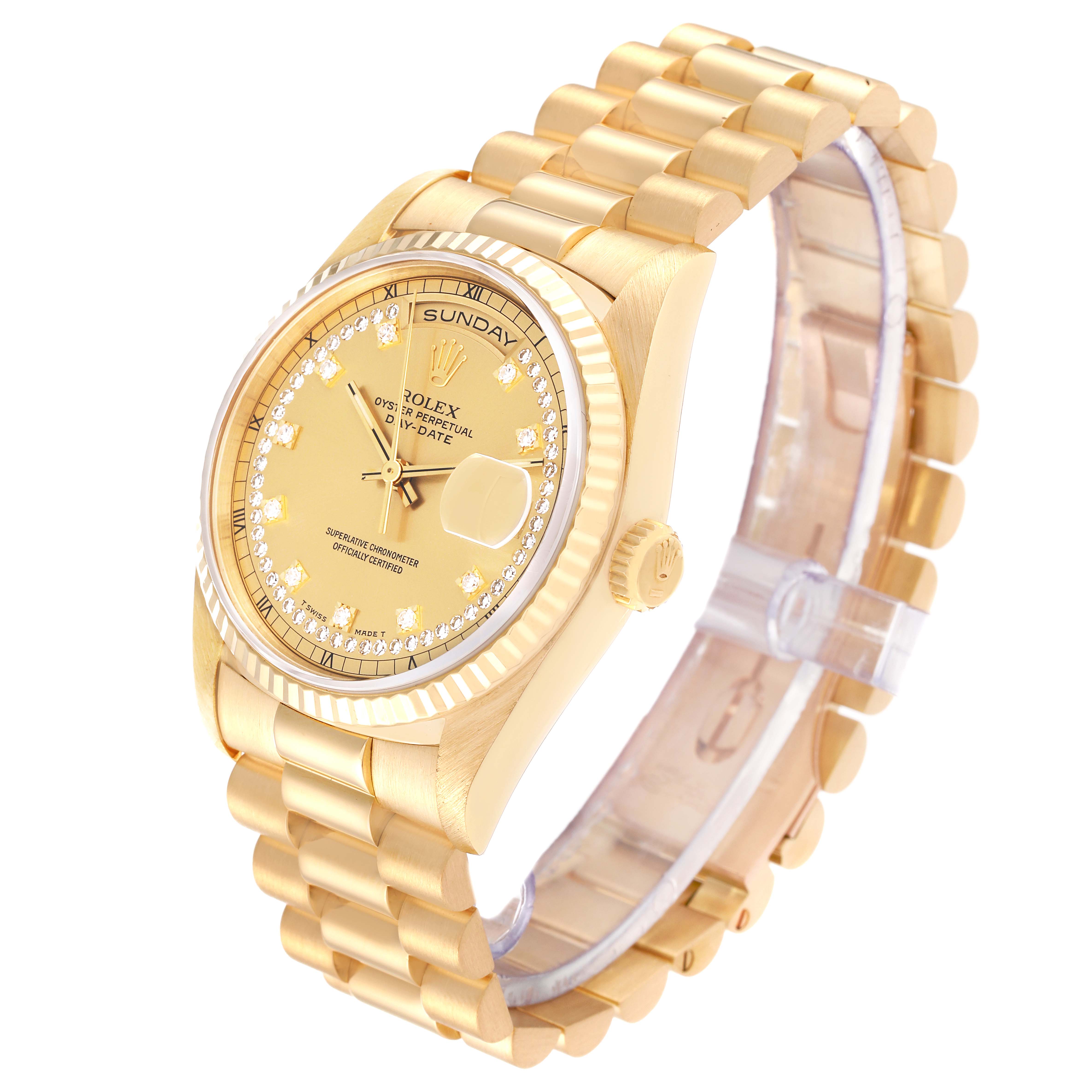 The image shows a Rolex President 18238 Men
s Yellow Gold Champagne Dial 18238 Men
s Yellow Gold Champagne Dial model watch from an angled side view, highlighting the dial, bezel, bracelet, and crown.